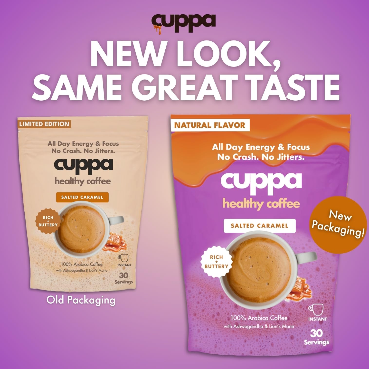 Cuppa Salted Caramel Mushroom Coffee with Adaptogens Superfoods - Lions Mane Ashwagandha Cordyceps Adaptogens MCT to support natural — view 3