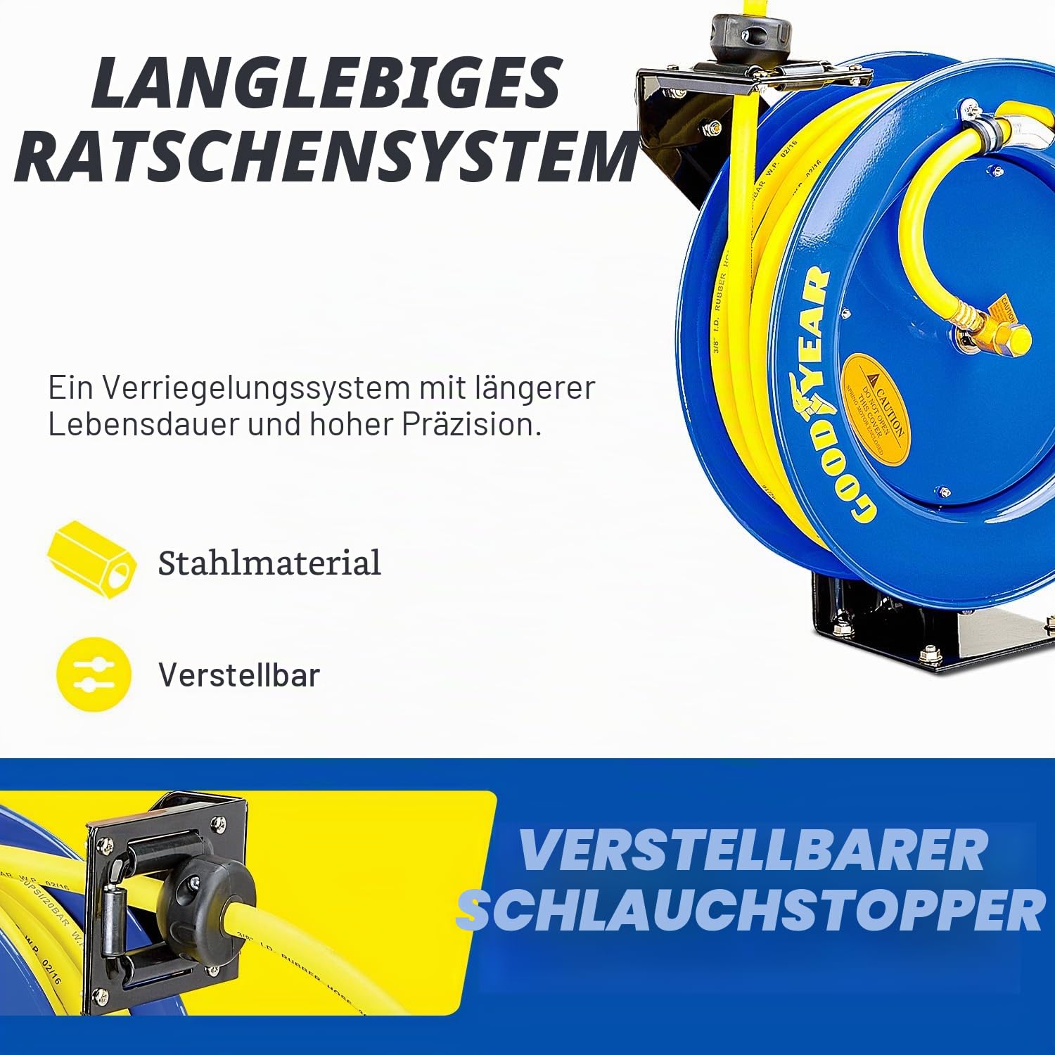 Goodyear Schlauchtrommel Stahl Einziehbare Air Compressor Schlauchaufroller mit 9,5mm × 15m schlauchaufroller automatik Luftschlauchtrommel
