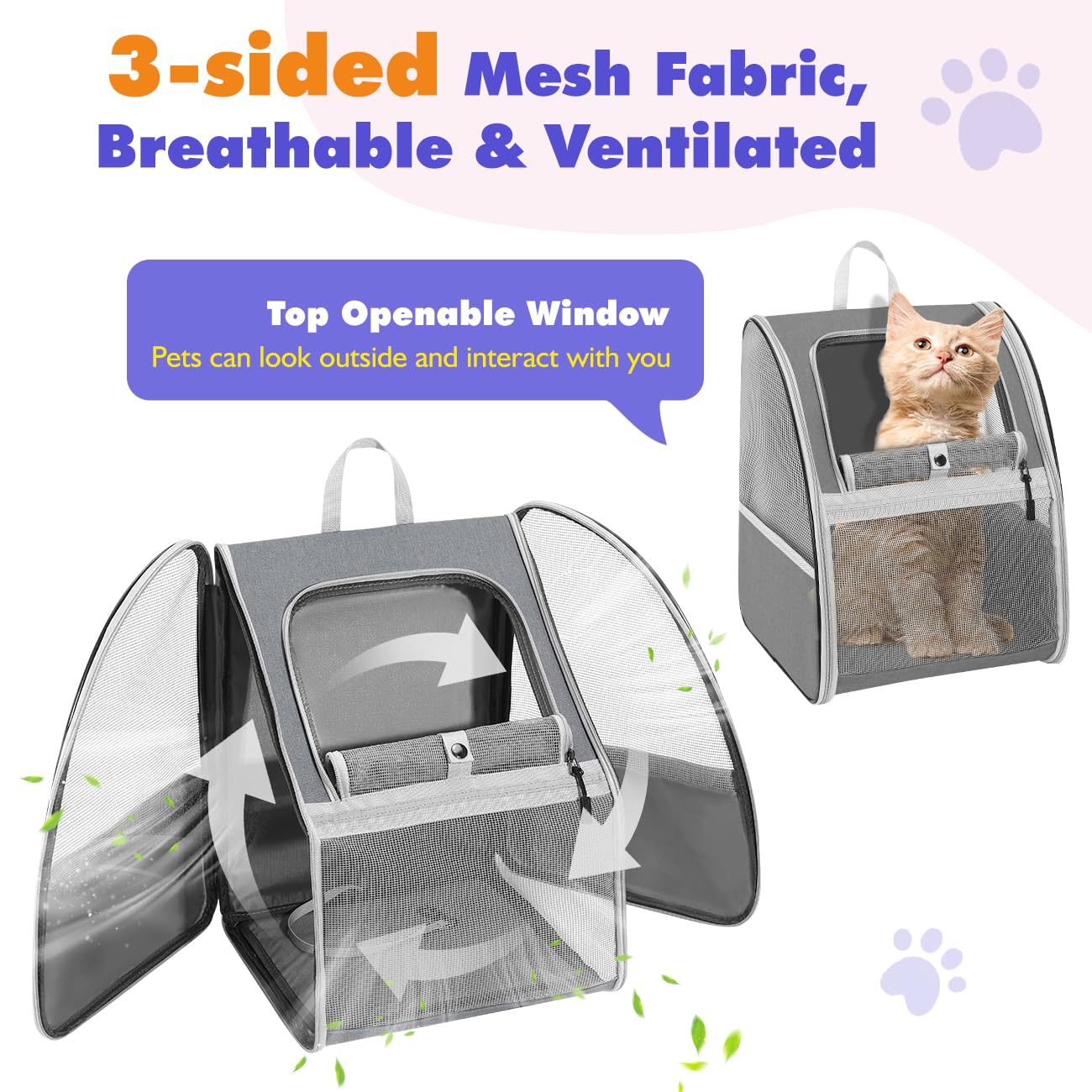 Pawaboo Mochila Portátil para Gatos y Perros, Mochila Transpirable para Mascotas con Cuerda de Seguridad Interior, Bolsa Transporte de Viaje para Gatos y Cachorros para Compras Viaje, Gris Oscuro