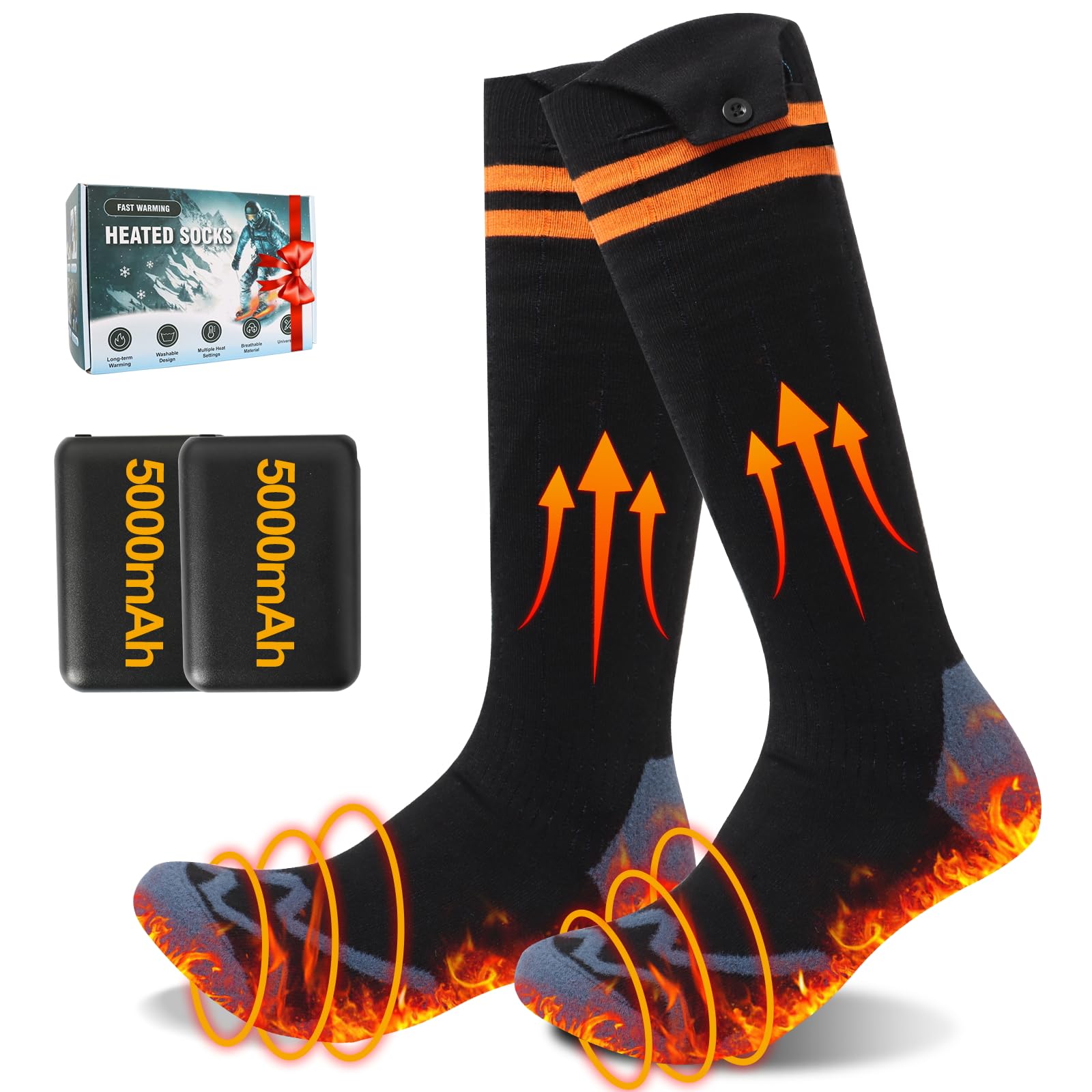 Calcetines Calefactables para Hombre y Mujer, Calcetines Calefactables Recargables con 4 Niveles de Calefacción, Calcetines Eléctricos de 5000mAh para Esquiar, Hacer Senderismo, Acampar