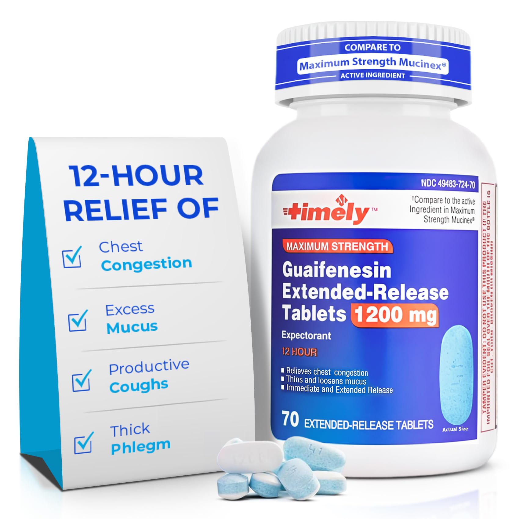 TIME-Cap Labs Guaifenesin 1200mg Extended Release, Maximum Strength Mucus Relief Expectorant for Adults, 12 Hour Chest Congestion Support Tablets, 70 Count