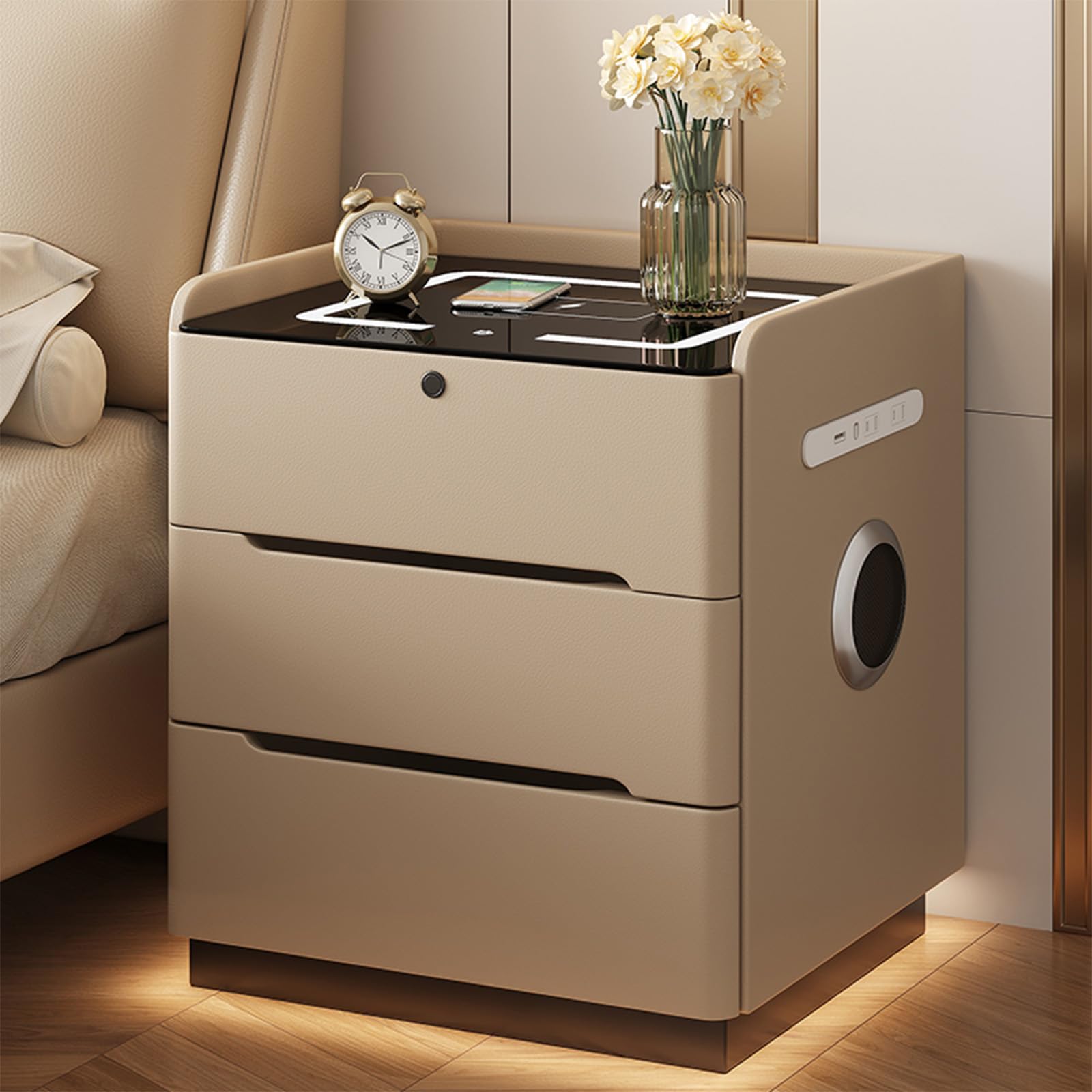 Modern Smart Nightstand with USB Port Bedside Table with Led Sensor Light Leather Nightstands with Wireless Charging Station