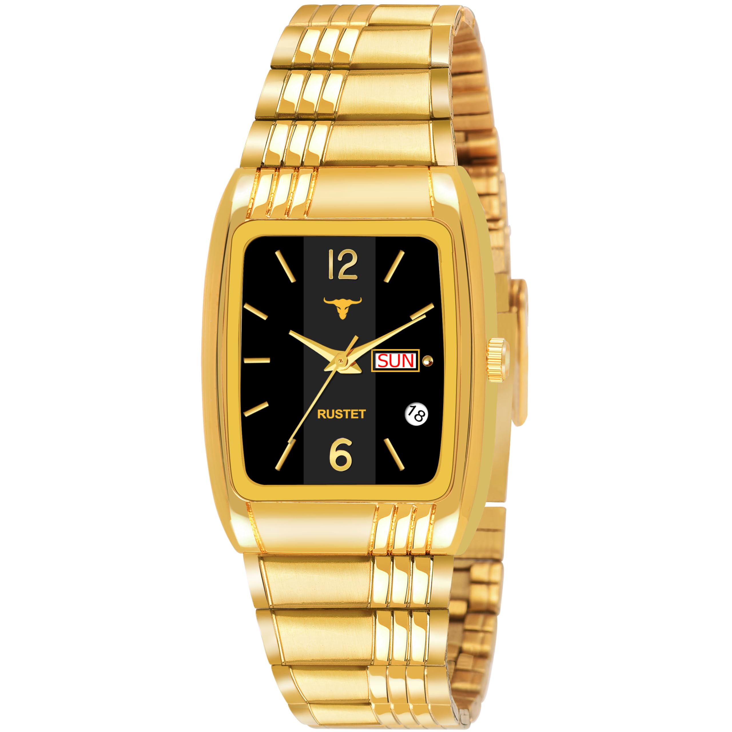 RUSTET Analogue Waterproof Mens Day and Date Watch (Gold Square Dial Gold Strap,IGP-1106) (Black) (B0CYHF252K) Amazon Price History, Amazon Price Tracker