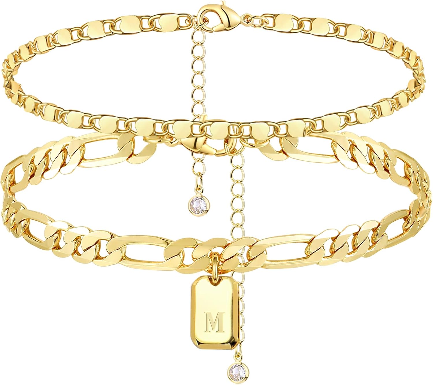 YANODA Initial Ankle Bracelets for Women, 14K Gold Plated Dainty Layered Figaro Chain Letter Initial Ankle Bracelets Set Trendy Personalized Name Tag Anklet Summer Beach Jewelry for Women
