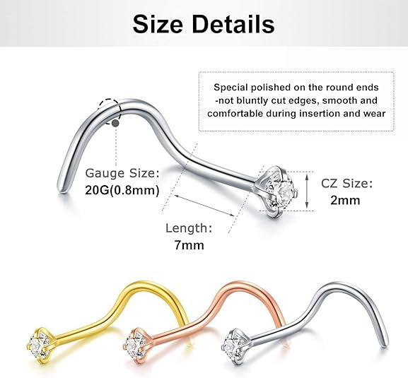 Stud Per Piercing Naso 18G - 8 Pezzi Acciaio Inox Con CZ, Cuore, Argento E Oro - Foto 7