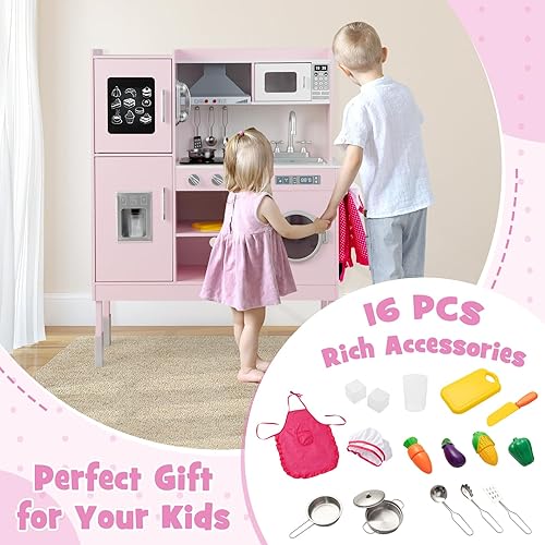 Miniatura 6 de HONEY JOY Juego de cocina rosa para niños, cocina de madera para niños pequeños, microondas, utensilios de cocina, lavadora, campana extractora,