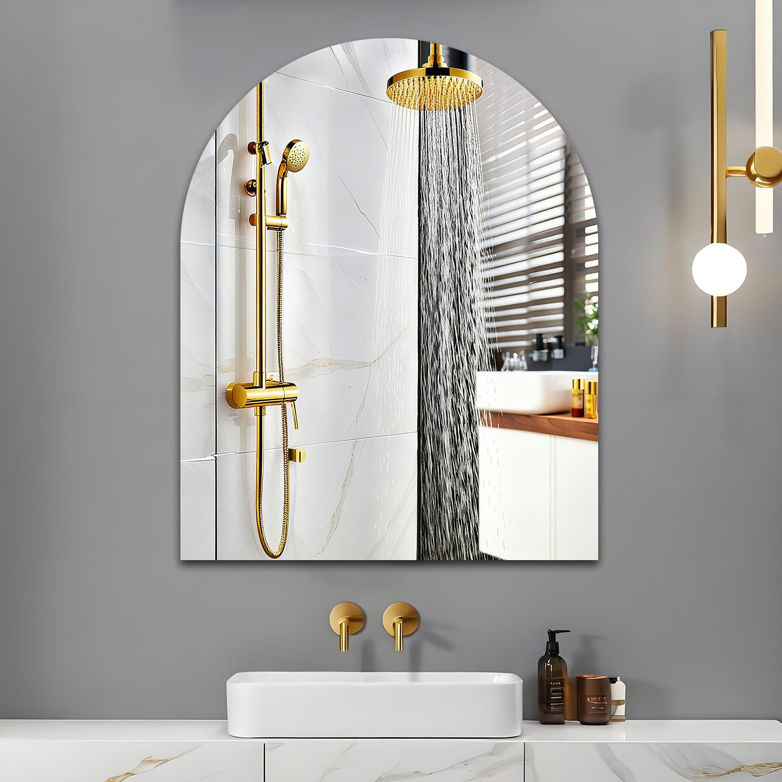 Miroir Mural en Verre sans Cadre 40 x 50 cm Arch Miroir de Maquillage Miroir Autocollant Mural Décorative pour Chambre Salon Salle de Bain Porte