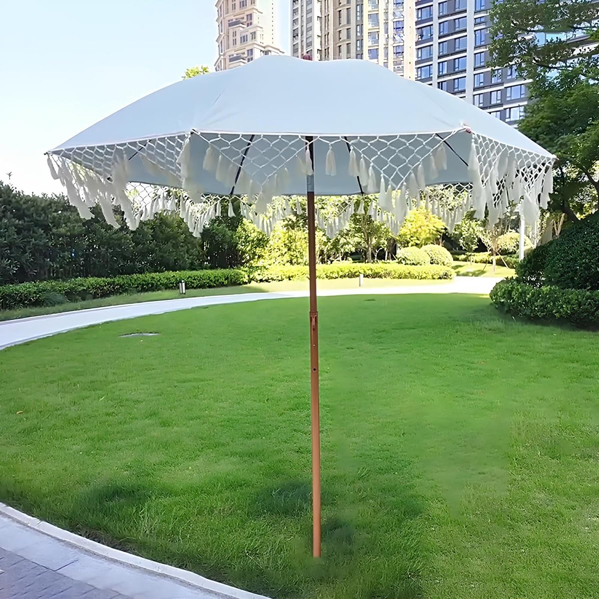 Générique Parasol De Plage 200cm Avec Pompons, Style Bohème, Parasol De Jardin Extérieur Inclinable, Design Inclinable, Pied Non Inclus Pour Pelouses, Piscines, Marchés
