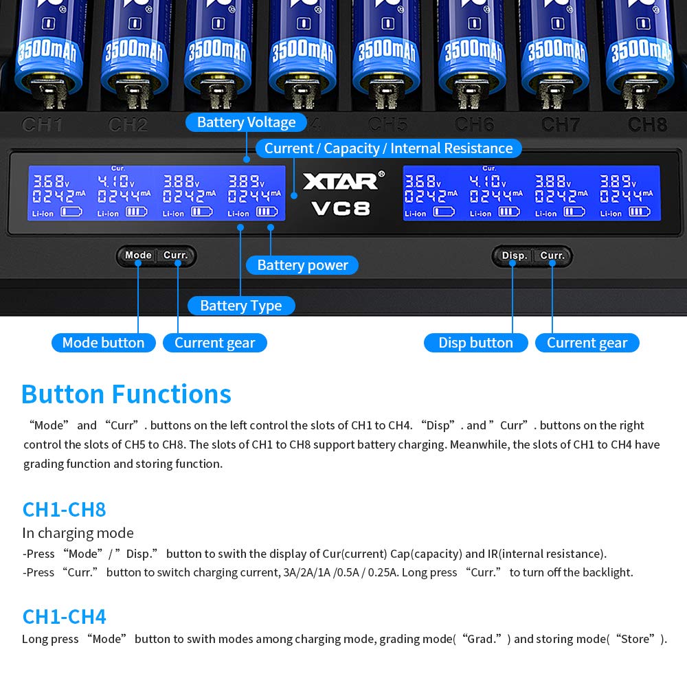 XTAR VC8 Ladegerät 8 Einschübe LCD-Anzeige für 3,6V/3,7V Li-Ion 18650 21700 AA NI-MH Batteriekapazität Testfunktion