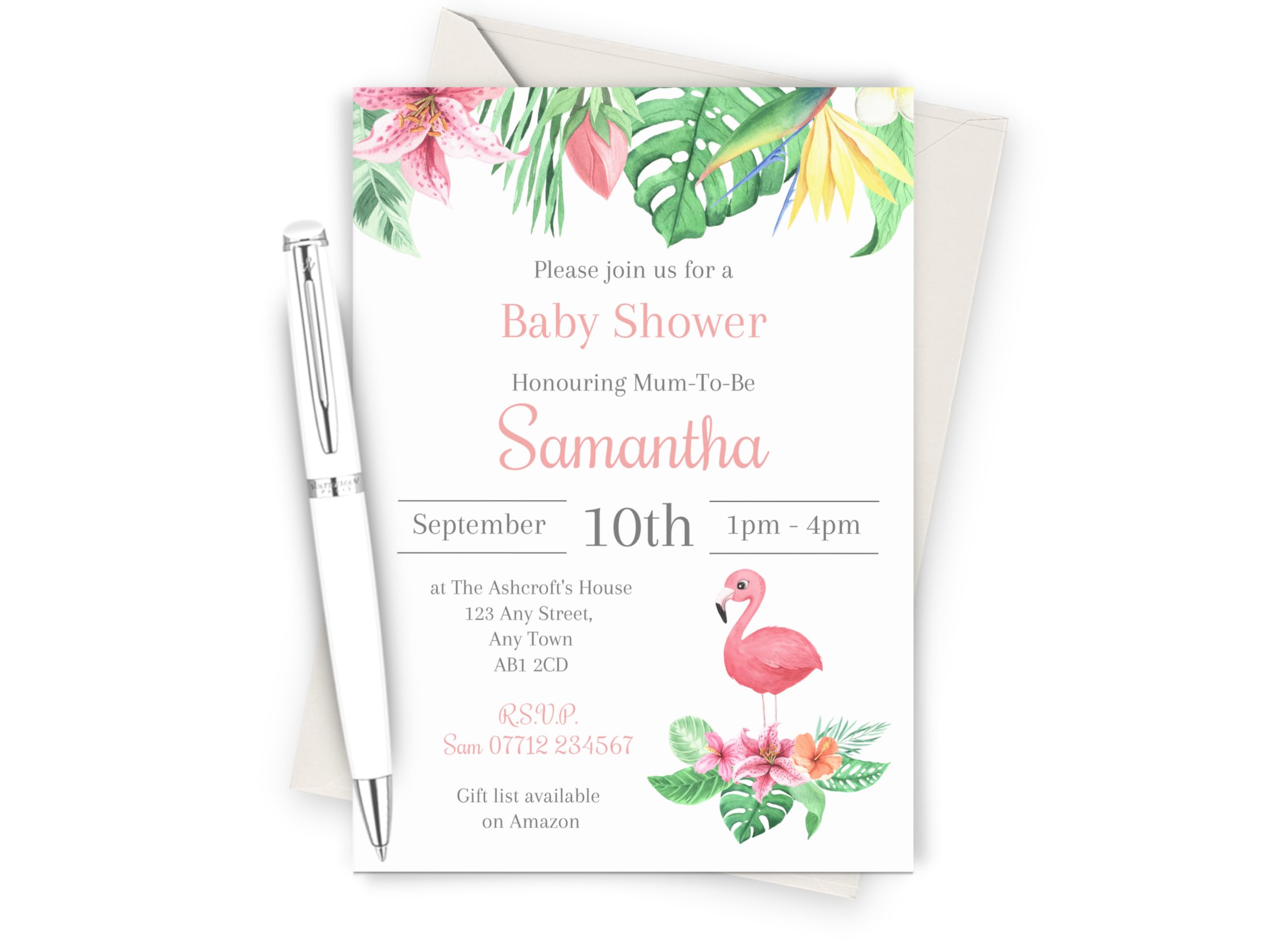 Personalised Flamingo Baby Shower Invitations PACK 10 with envelopes, Pink Flamingo Invites for Baby Girl Shower