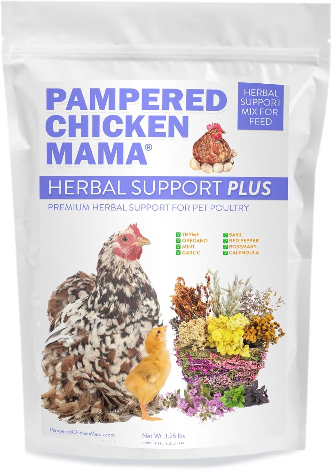 Pampered Chicken Mama Herbal Support Plus Poultry Treat for Overall Health | Mix with Layer Feed, Chick Starter, Chicken Scratch (1.25 Pound)
