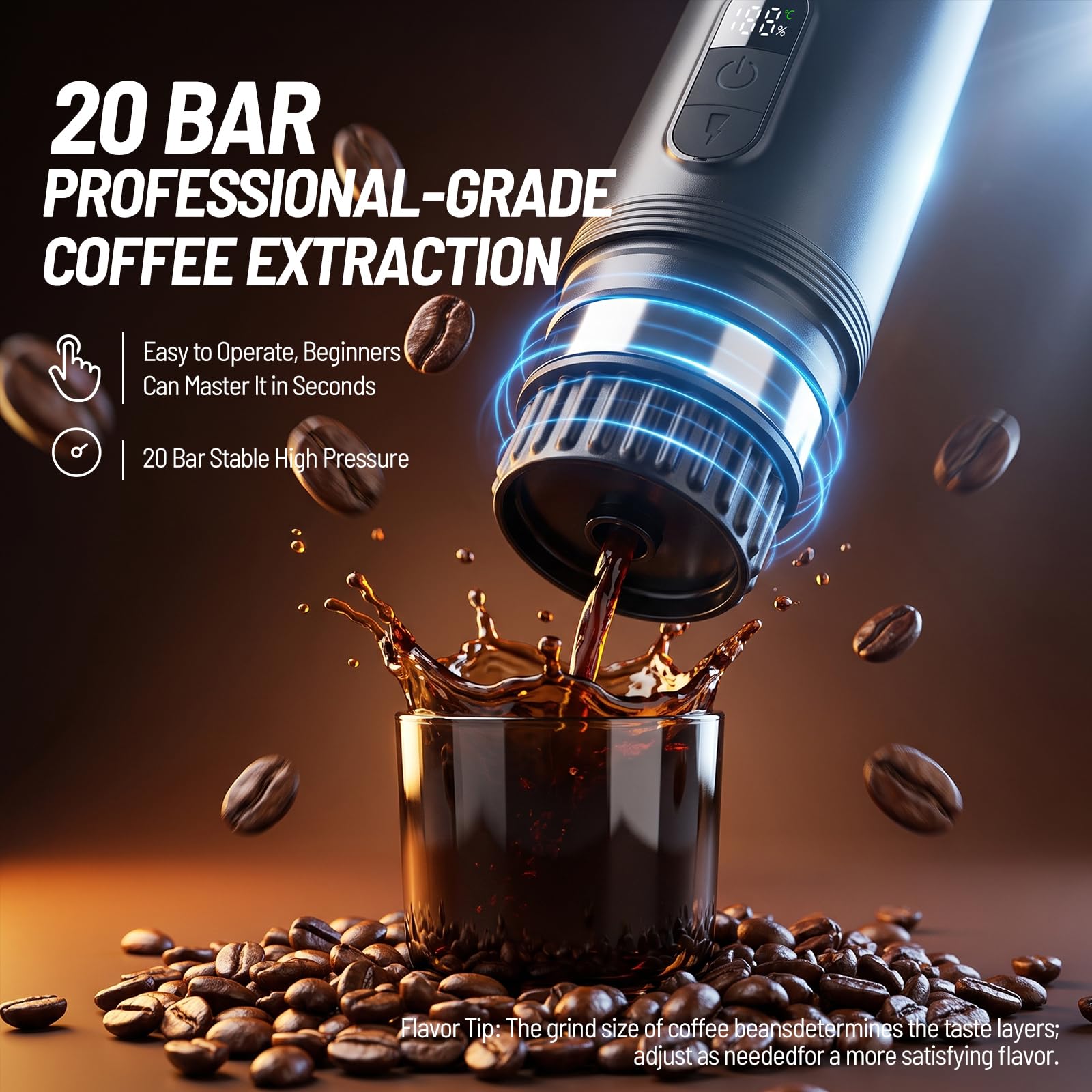 Cafetera Portátil Espresso,20 Bar Cafetera Portatil Capsulas Recargable Compatible con Cápsulas Pequeñas y Café Molido Autocalentamiento Cafetera Portátil para Viajes Acampada Oficina
