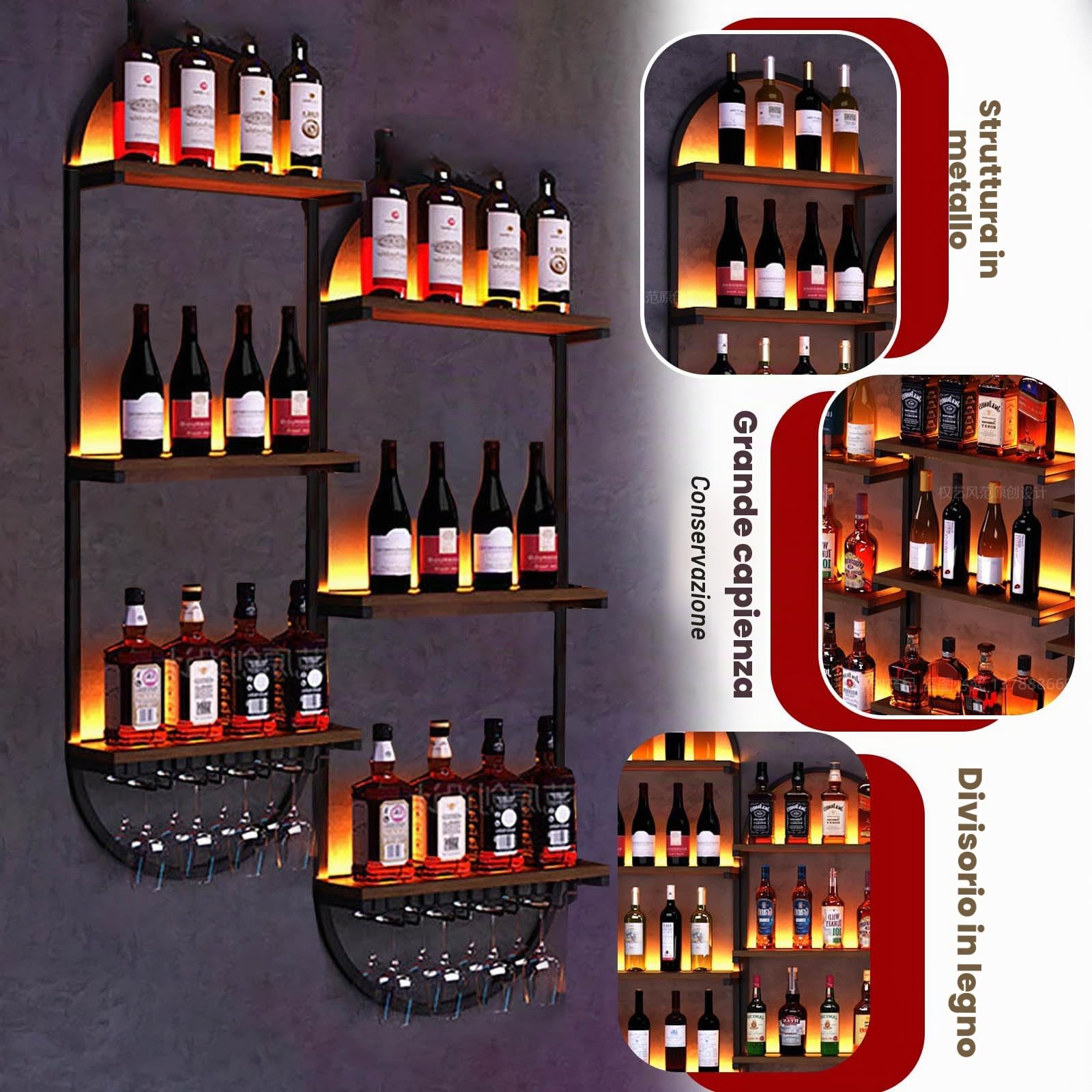 Portabottiglie da parete, portabottiglie fai da te in legno per bottiglie, mensole sospese a 3 livelli per liquori, per cucina, sala da pranzo, bar, cantina (2PCS)