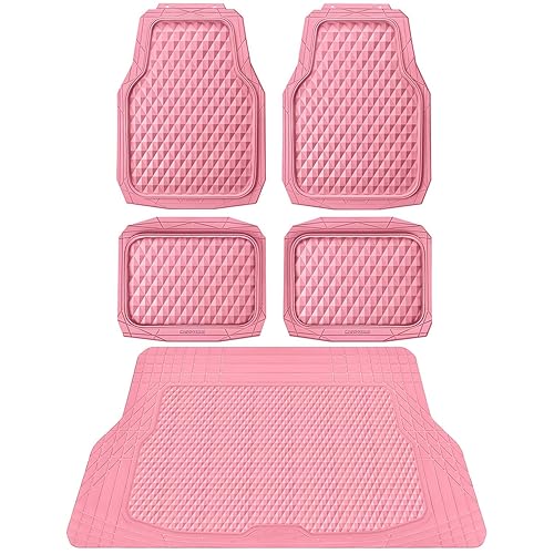 CAR PASS Heavy Duty Rubber Pink Car Floor Mats & Cargo Liners, Deep Dish All-Weather Trunk Mats Durable Anti-Slip 3D Rhombus Waterproof Trim to Fit Liner Universal Fit Auto,Sedan,SUV,Truck, Pink