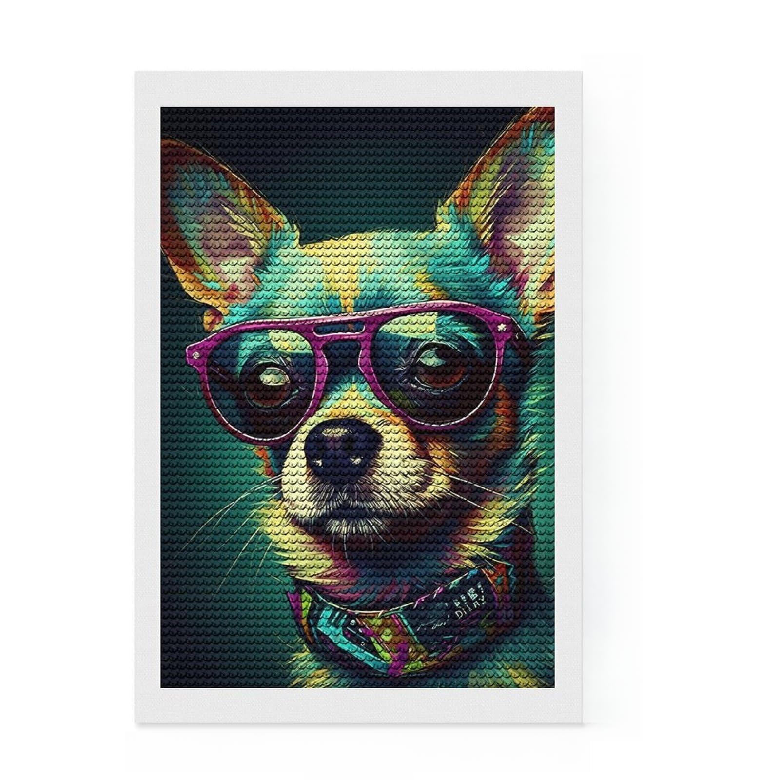 Junmoney Chihuahua Popart Diamond Painting Kit 8"x12", Round Gems, for Beginners, Full Kit Included, Decor Project, Vintage Style Decor