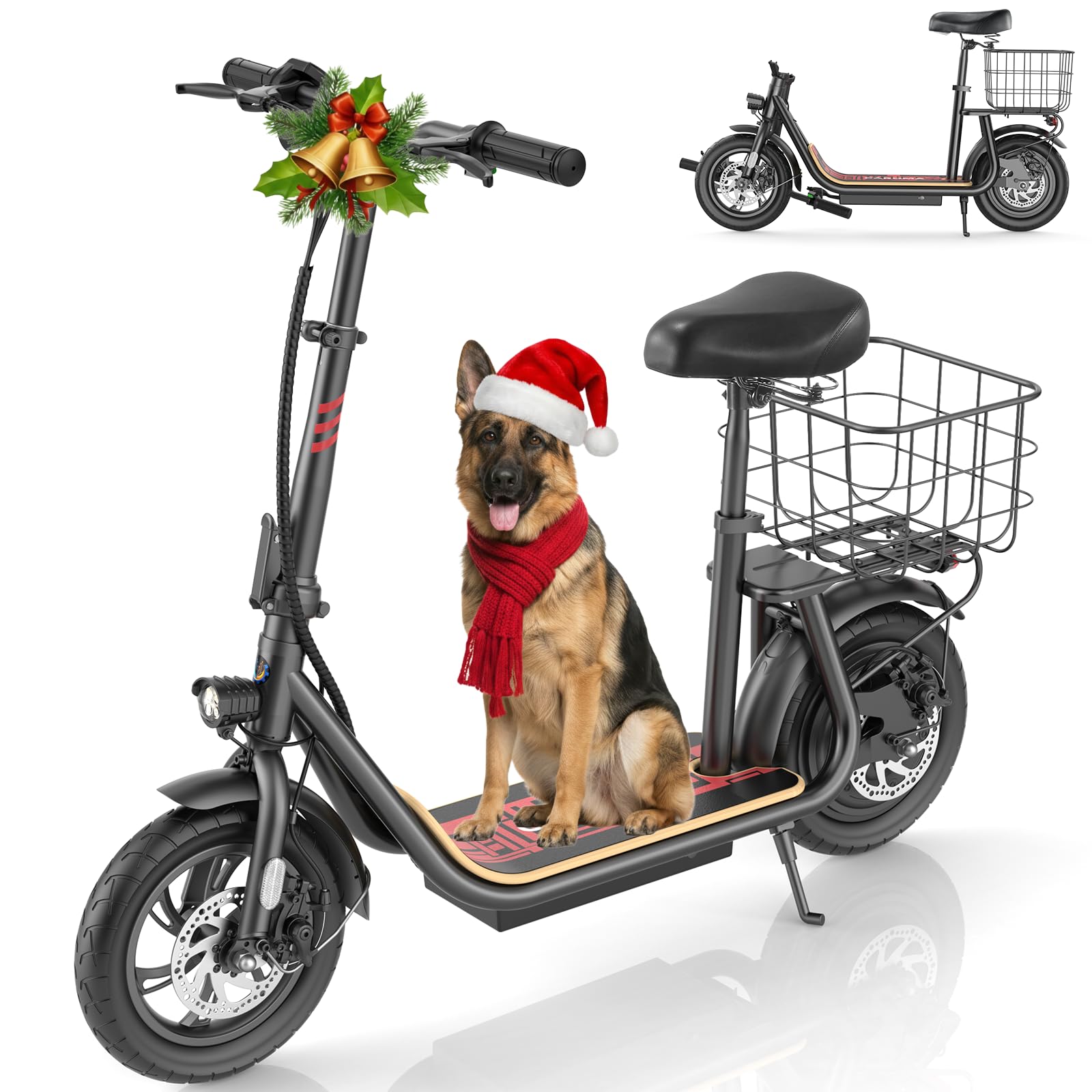 Caroma Electric Scooter with Seat, Max 30 Miles Range&20MPH Speed, Peak 800/1200W Motor, Foldable Electric Scooter for Adults and Teens, Commuter E Scooter with Basket&Adjustable Kid Seat