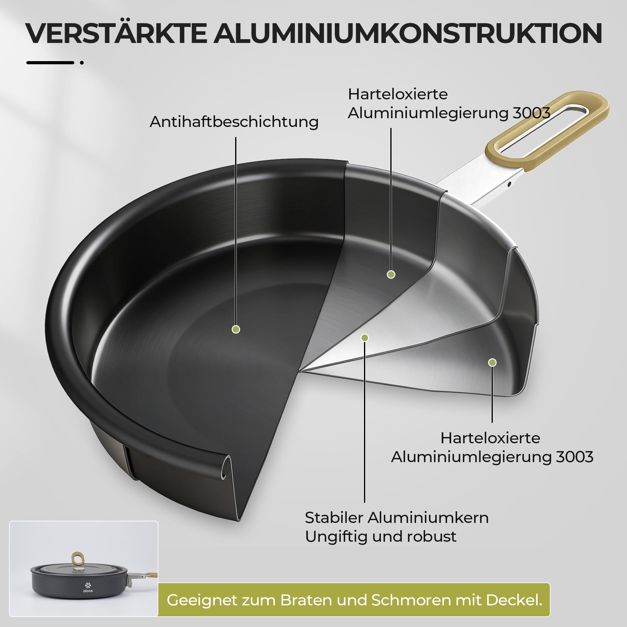 Alocs Camping Kochgeschirr, tragbares Antihaft-Campingpfannen-Set mit verbessertem Griff, ideal für Outdoor-Küche, Picknick, Wandern und Angeln