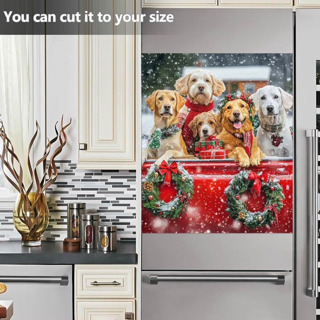 Christmas Dogs Kitchen Decoration Magnetic Dishwasher Door Panel Decal, Farm Red Truck Dishwasher Magnetic Sticker, Winter Snow Magnet Dishwasher Front Cover, 23" x 26" Magnetic