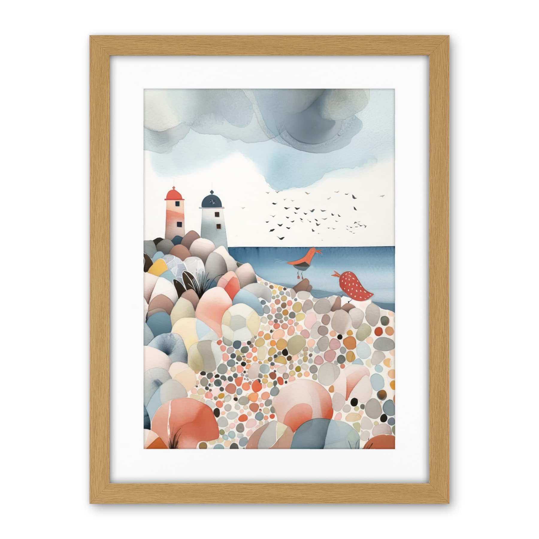 Artery8 Lighthouses On Multicoloured Pebble Beach Watercolour Painting Artwork Framed Wall Art Print 18X24 Inch