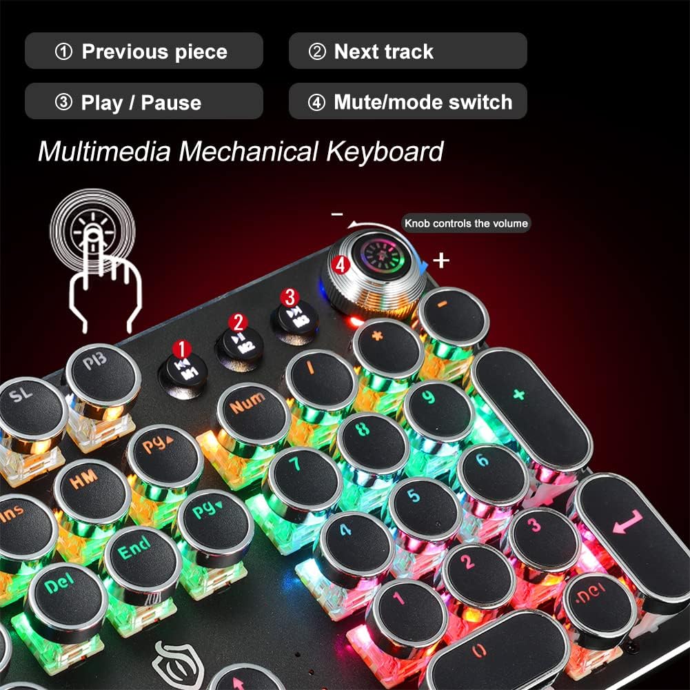 K820 Multimedia Mechanical Keyboard Retro Punk Button keycap Luminous Mechanical Keyboard Computer Game Wired Keyboard, BLACK, 45x14x3CM