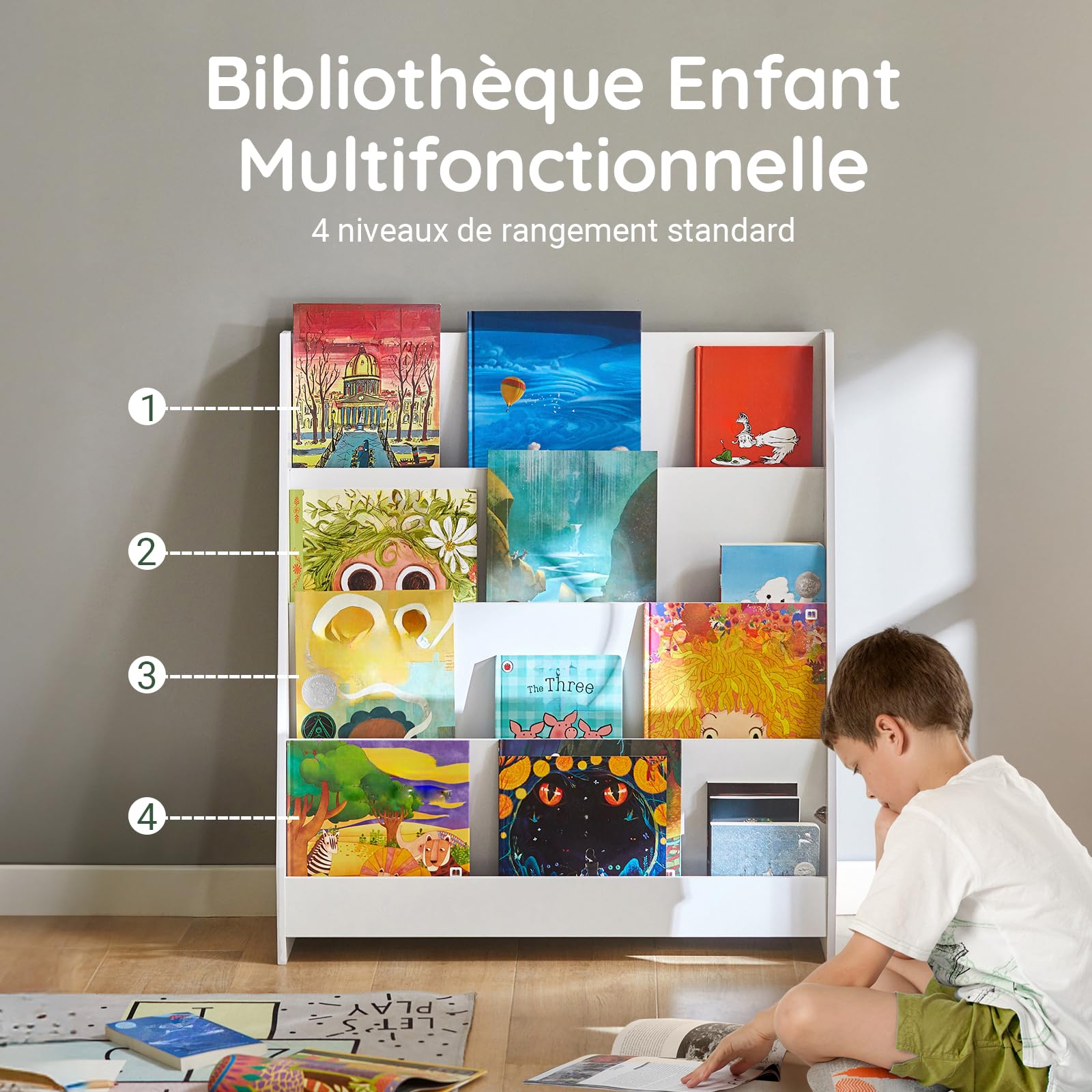 SoBuy Bibliothèque Enfant Rangement Livre Jouet Enfant Bibliothèque Livre 4 Niveaux Étagère à Livres Meuble de Rangement Chambre d'enfant Bureau Salon Blanc 80x30x88 cm KMB32-W