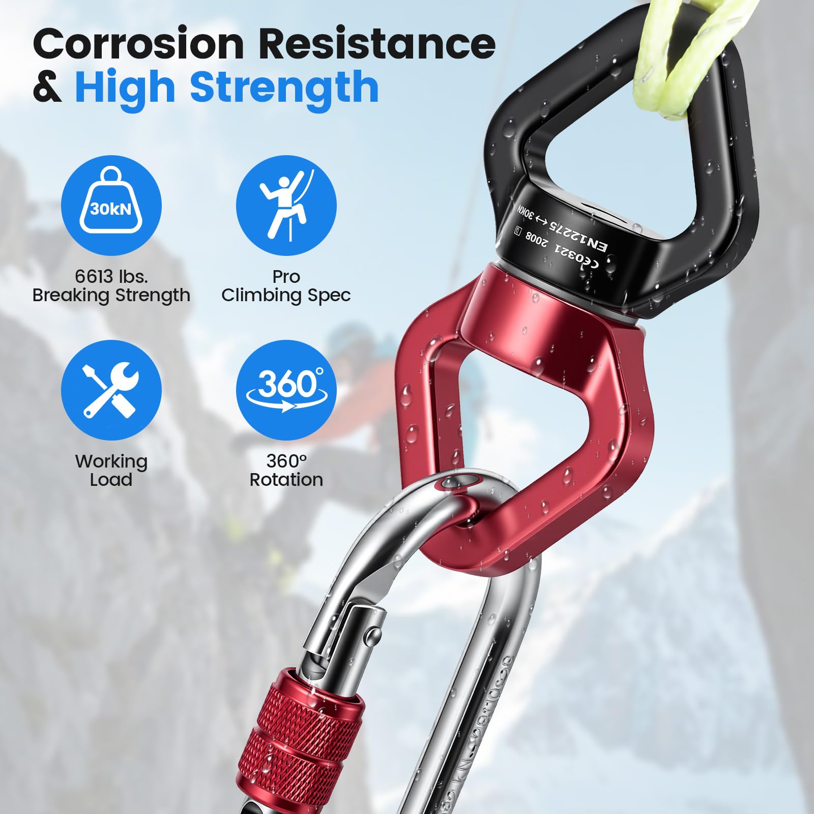 Rotule Pivotante 360° Kit Complet, 30kN Rotule + 50kN Anneau 8 Cornes + 2x25kN Mousquetons, Articulation Pivotante Roulement à Billes pour Soie Aérienne Yoga Escalade Balançoire Hamac, Noir Rouge