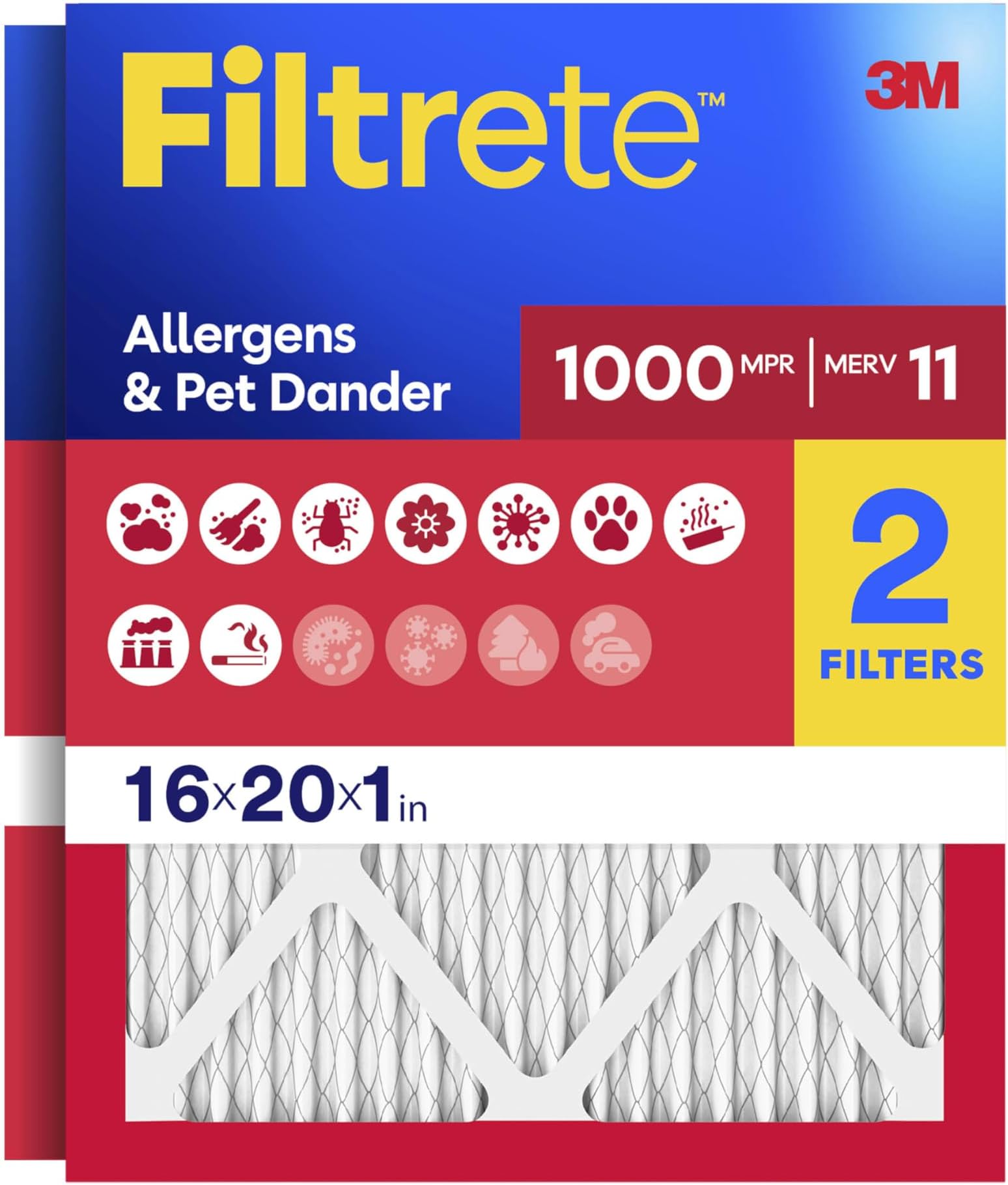 16x20x1 AC Furnace Air Filter, MERV 11, MPR 1000, Micro Allergen Defense, 3-Month Pleated 1-Inch Electrostatic Air Cleaning Filter, 2 Pack (Actual Size 15.719 x 19.719 x 0.84 in)
