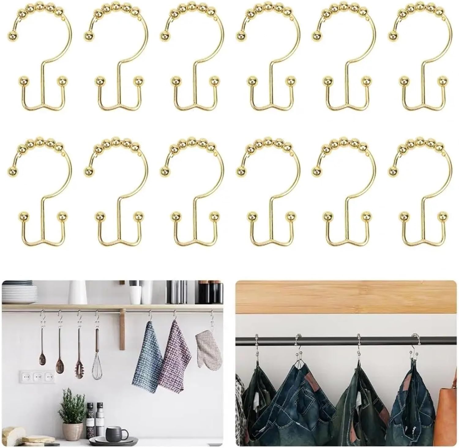 Curtain Rings 24Pcs Metal Shower Curtain Hooks Set for Bathroom Rust Proof Double Rings with Beads(Silver)
