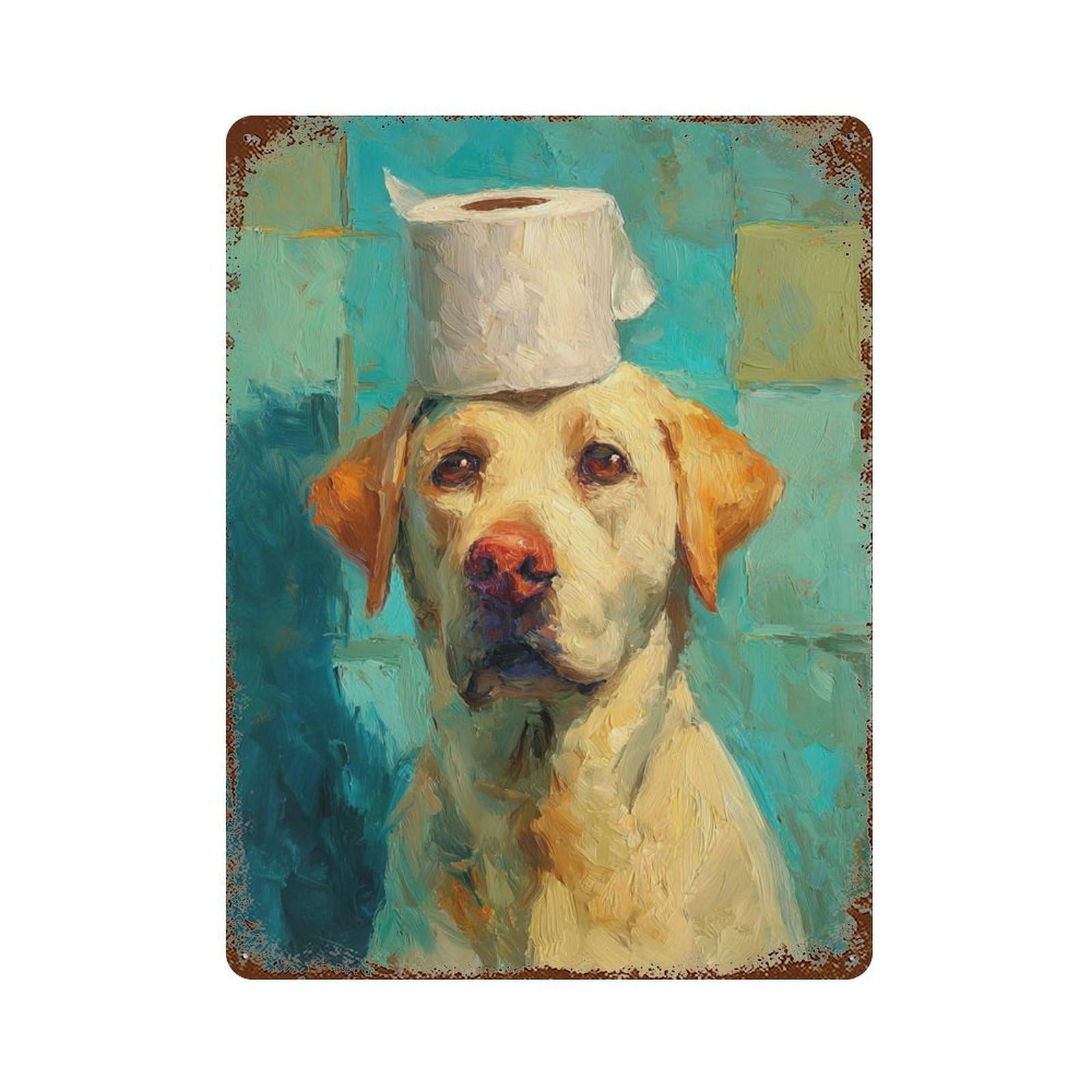 Labrador Retriever with Toilet Paper Hat Rusty Metal Tin Sign 15.7"x11.8", Vintage Wall Decor for Garage, Pub Or Kitchen