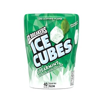 ICE BREAKERS ICE CUBES Spearmint Sugar Free Chewing Gum, Made with Xylitol, 3.24 oz Cube Bottles (4 Count, 40 Pieces)