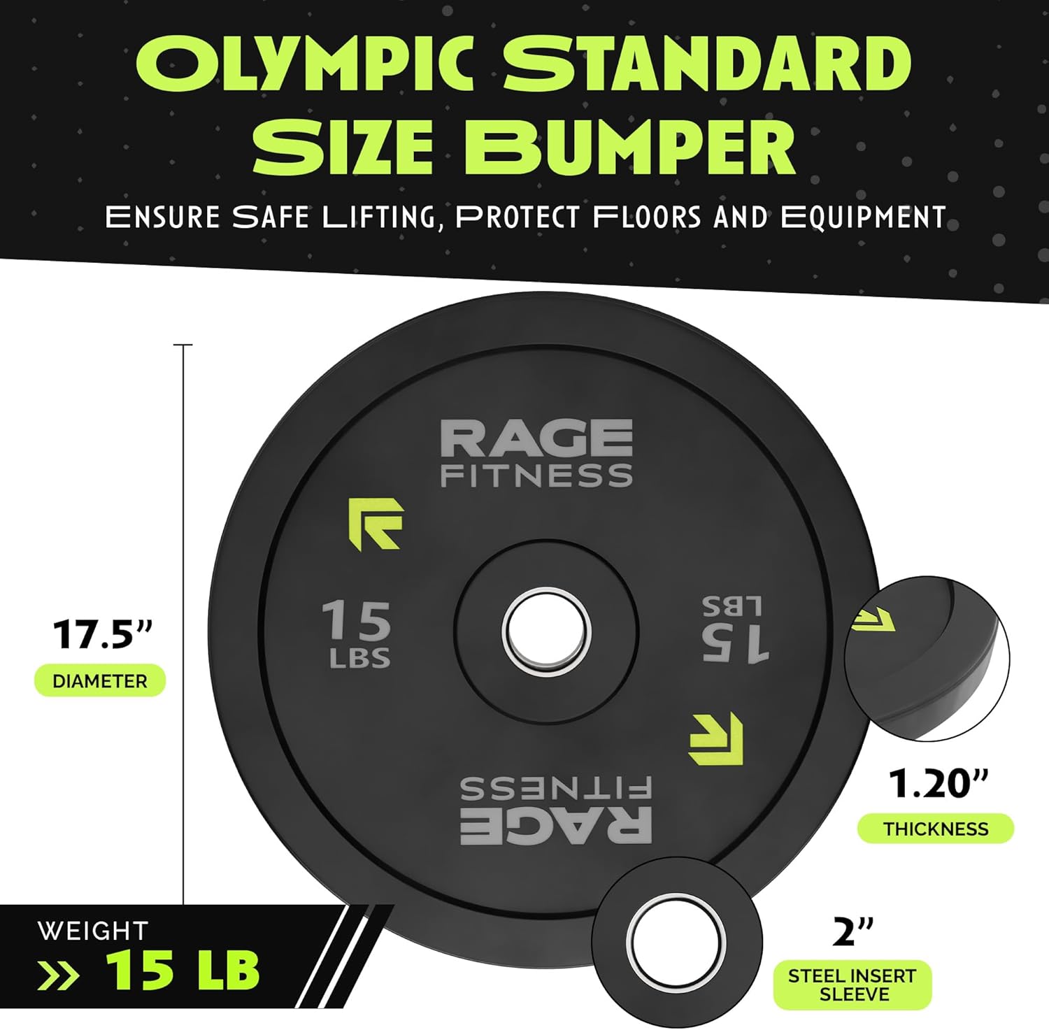 Rage Fitness Olympic Bumper Plates – Rubber-Coated Weight Plates with Steel Insert for Strength Training & Home or Commercial Gyms (10–45 lb, Sold Individually)