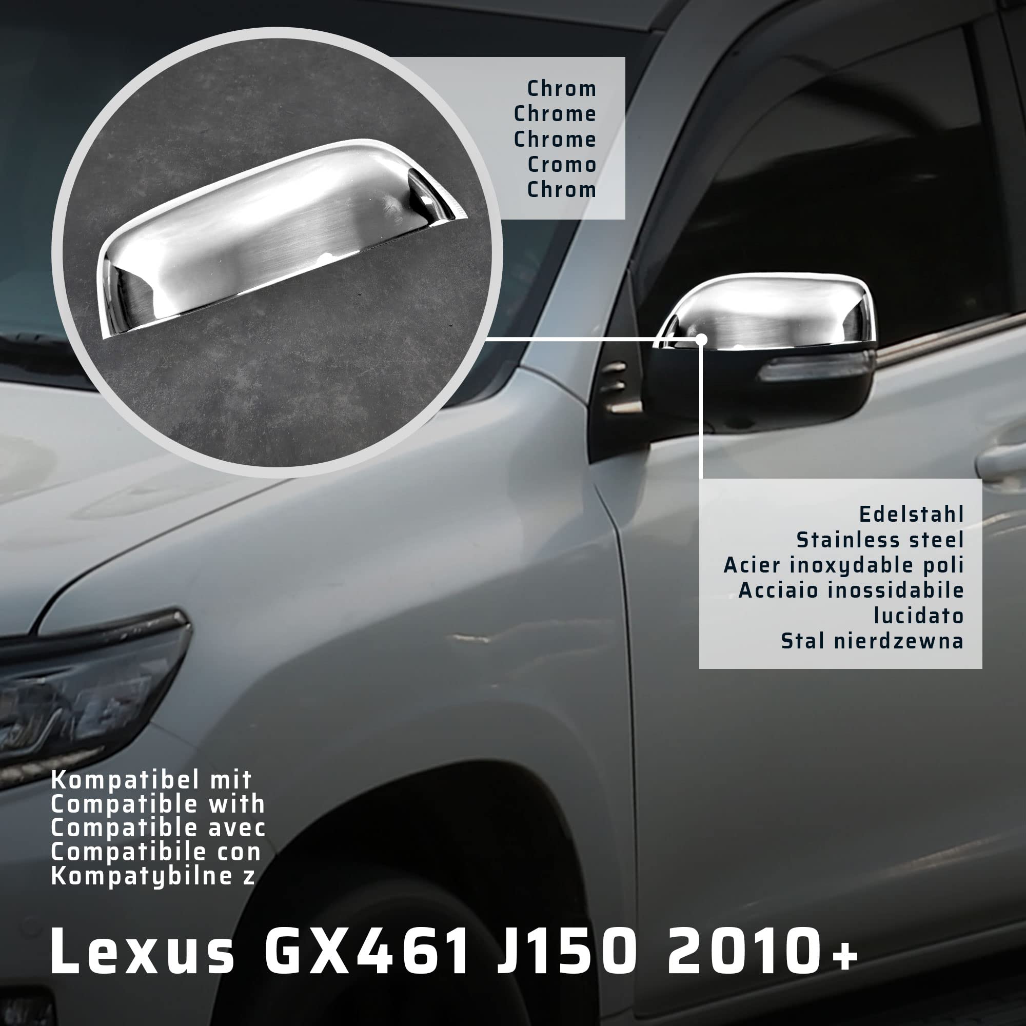 CHROMEMASTER | Nakładki na Lusterka Zewnętrzne | Kompatybilne z Lexus GX461 J150 od roku 2010 | Stal nierdzewna; Osłony Lusterek to Niepowtarzalny Wygląd Auta i Ochrona Przed Uszkodzeniem