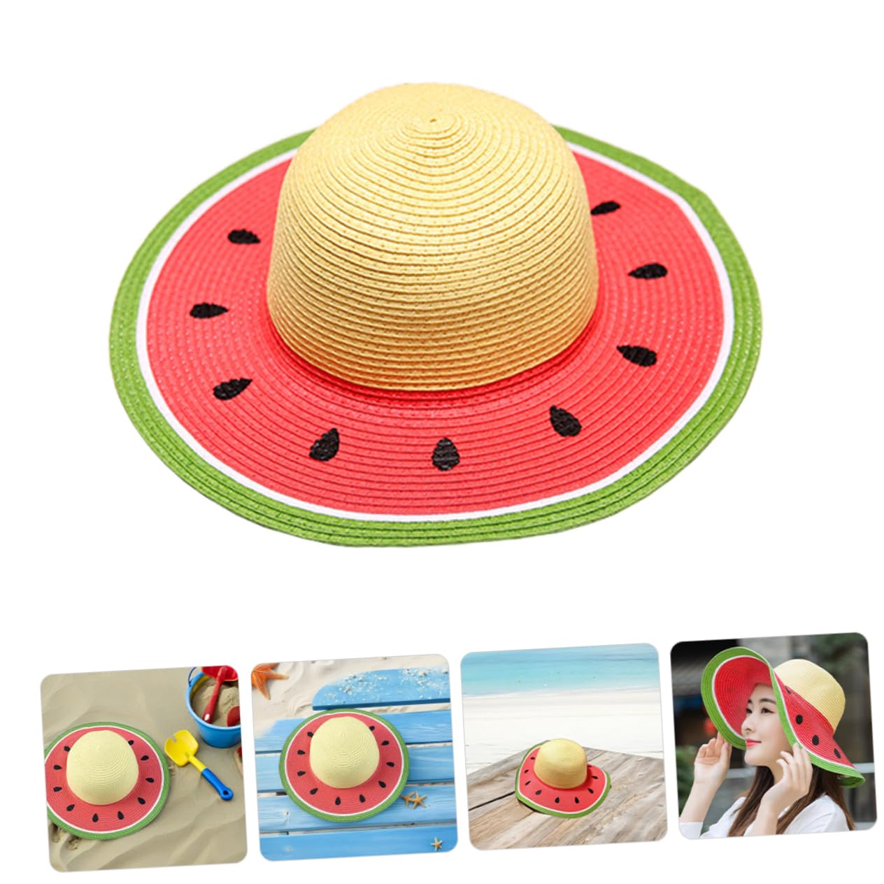 Zerodeko Sombrero de Paja de ala Ancha Diseño de Sandía para Niñas de 3 a 8 Años, Protección UV y Plegable para Verano, Playa y Camping al Aire Libre
