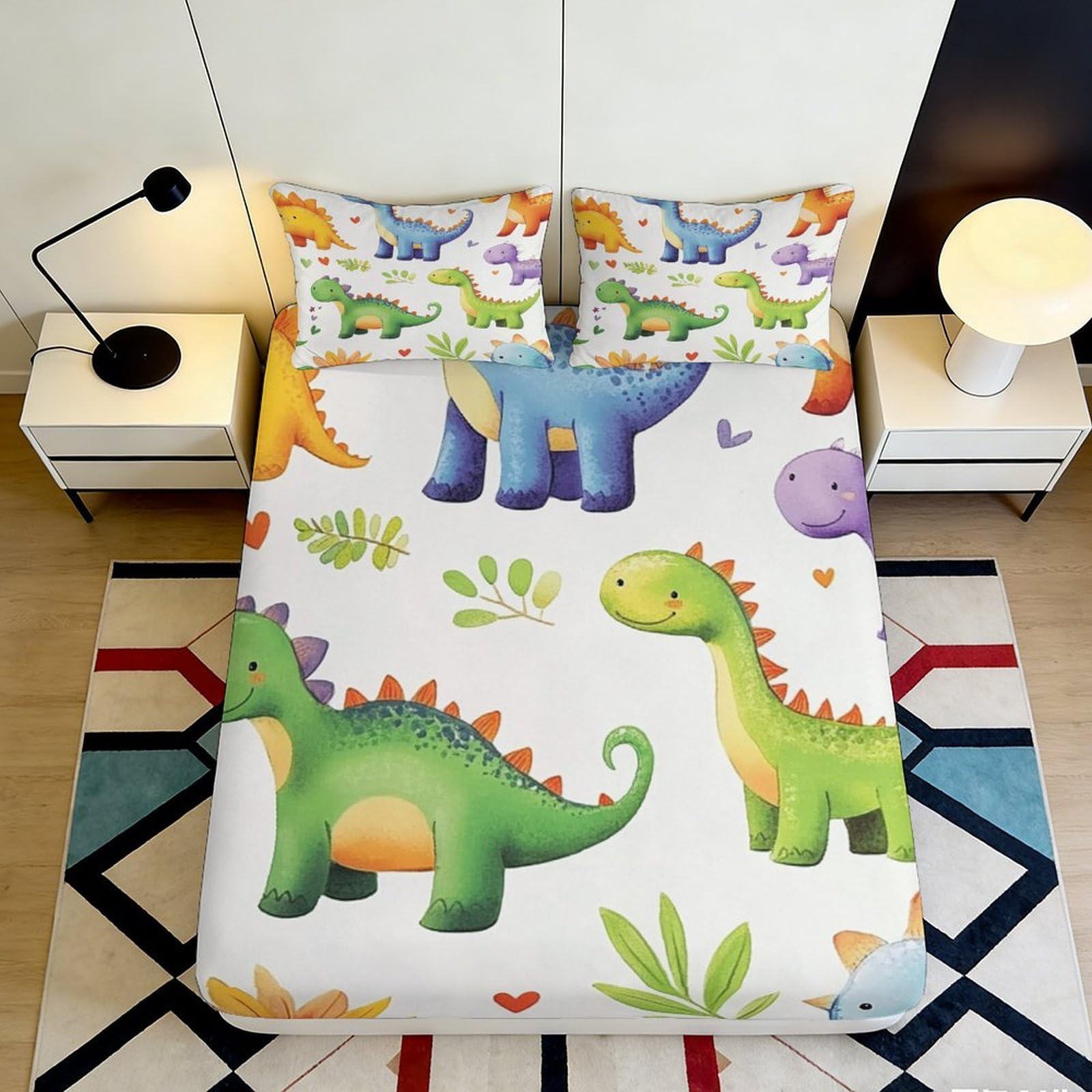 3D Printed Cartoon Dinosaur Fitted Sheet Microfiber Soft Bed Cover Colorful Jurassic Mattress Cover for Bedroom Dorm Decor 90x200x25cm