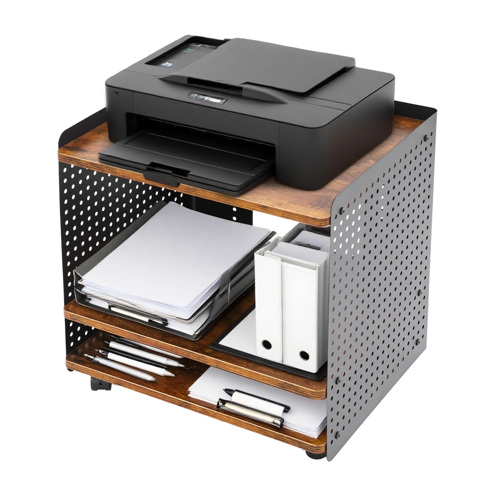 Soporte para impresora (3 niveles, con ruedas, mesa de impresora, 50 x 39 x 50 cm, mueble de almacenamiento de oficina, carga 40 kg, carro móvil para impresora, escáner y papel