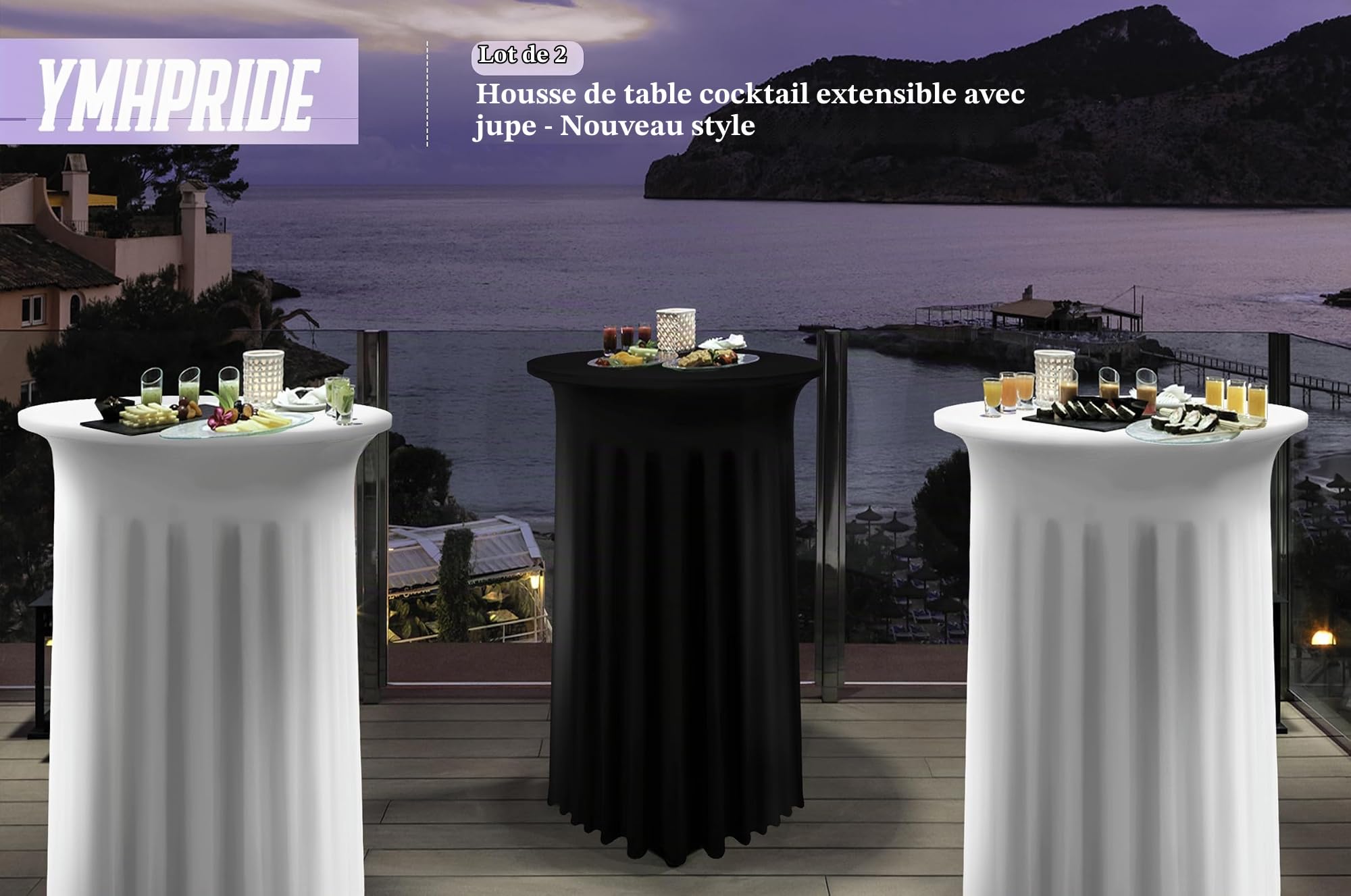 YMHPRIDE Lot de 2 Bleu Housse pour Table Haute, Nappe Mange Debout 80 x 110 cm, Bleu Nappe Jupe Plissée Extensibles en Spandex pour Cocktail Mariage Banquet Anniversaire Banquet Bar Table