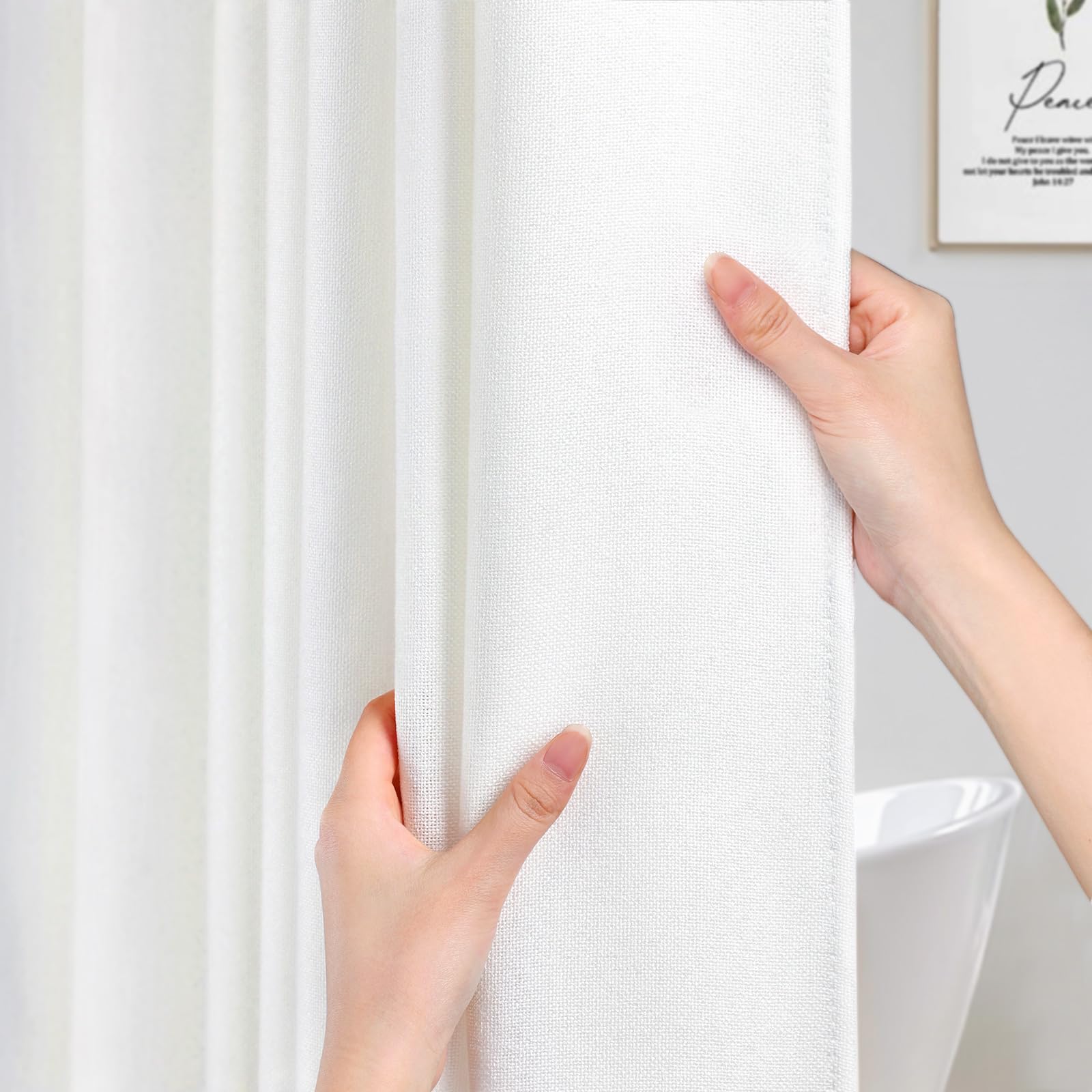Awellife 84 Inch Extra Long White Linen Shower Curtain Set with 12 ...