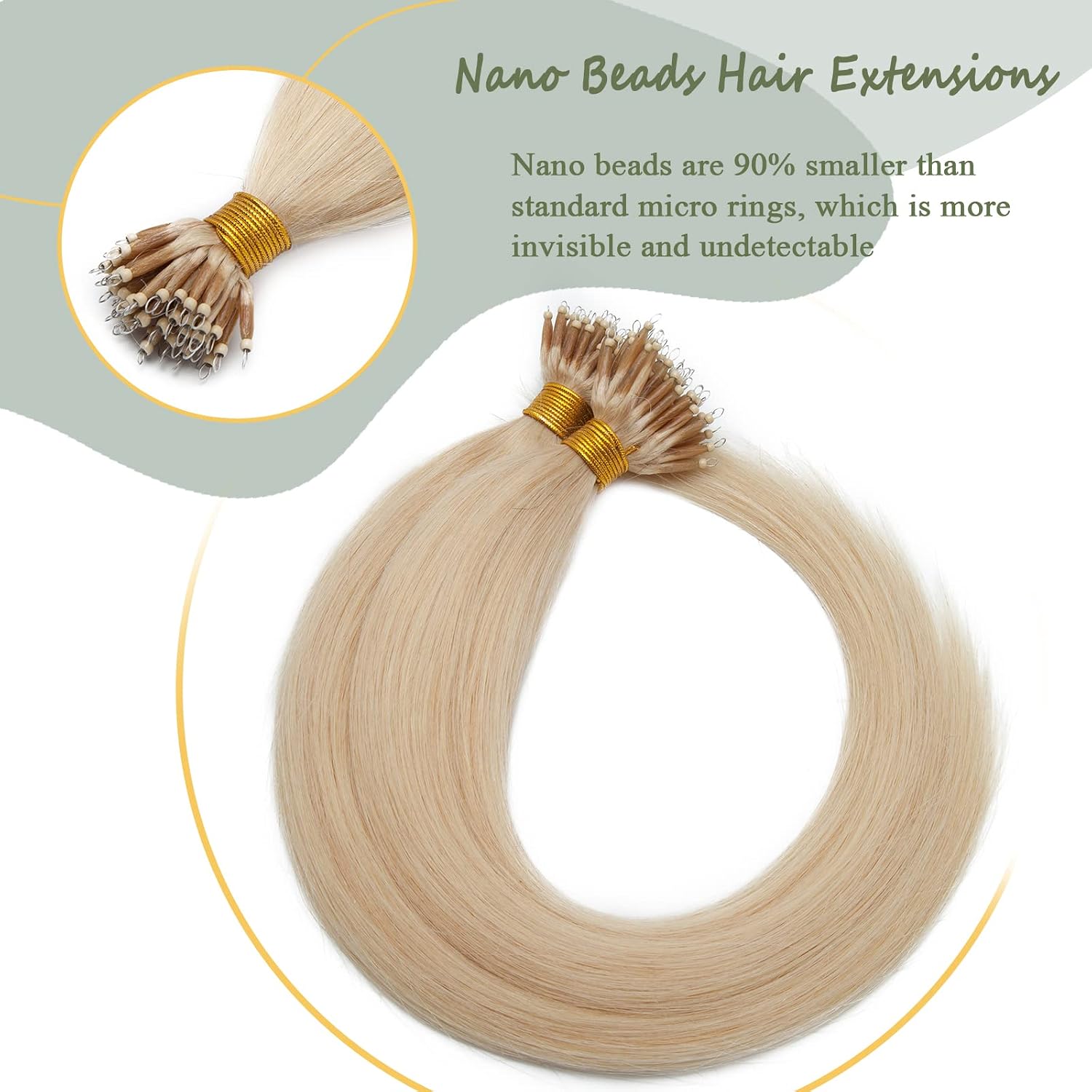 SEGO Nano Bead Ring Human Hair Extension Pre Bonded Nano Tip Remy Hair Extensions Micro Beads Rings Loop Hand Tied Hairpiece 16 Inch #60 Platinum Blonde 1g/strand 50g/pack