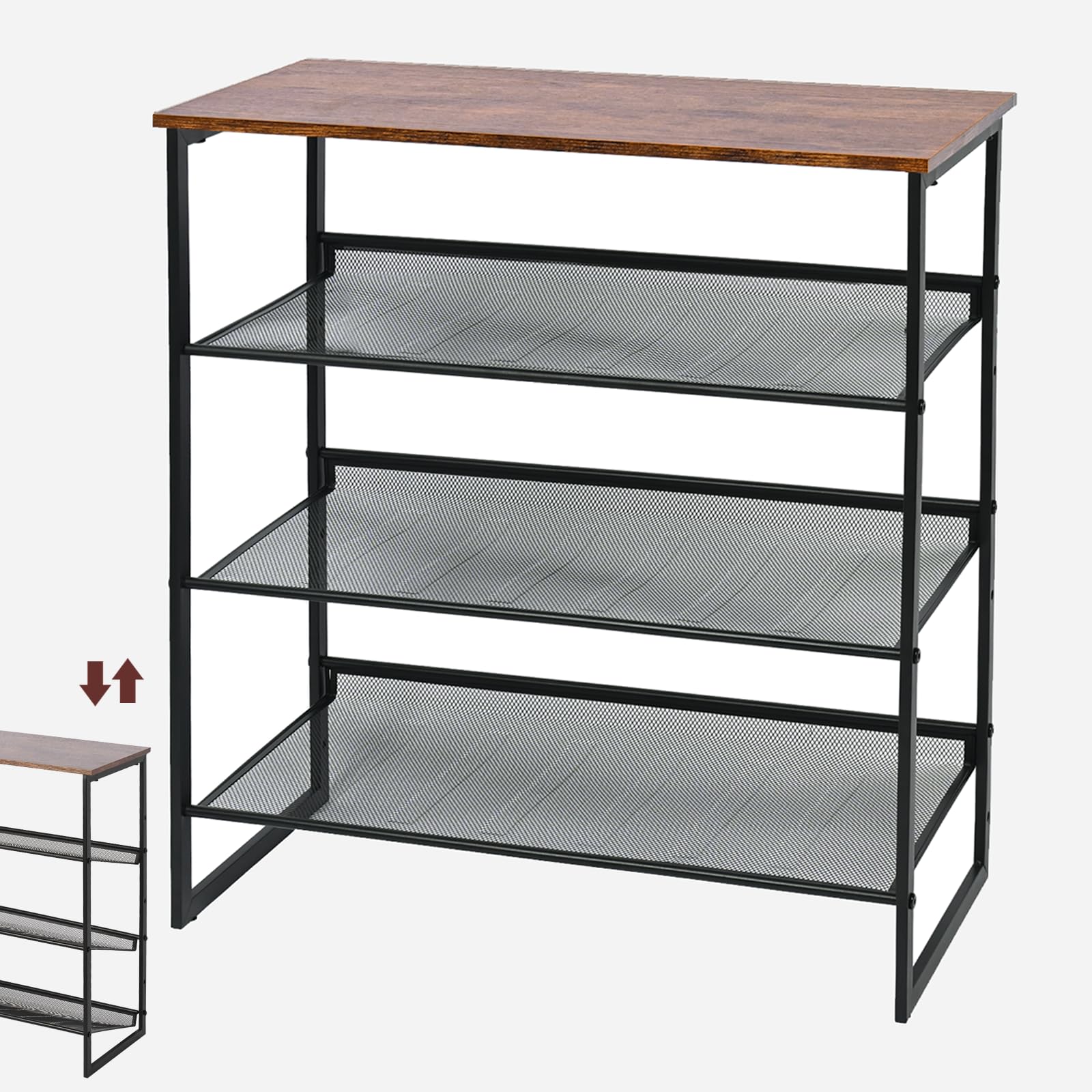 Luwesde 4-Tier Shoe Rack, Tilting Adjustable Freestanding Shoe Organizer, Wooden Top with 4 Metal Mesh Shelves, Shoe Rack for Front Door, Entryway, Hallway, Closet, Industrial (4-Tiers)