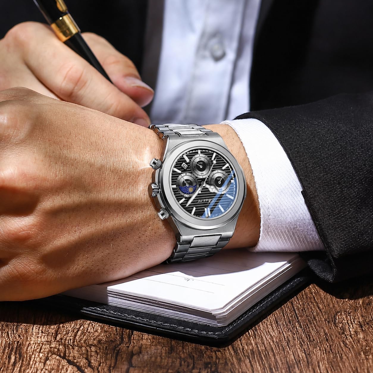 Gosasa - Orologio da uomo alla moda, in acciaio inox, movimento al quarzo, luminoso, impermeabile, con display analogico