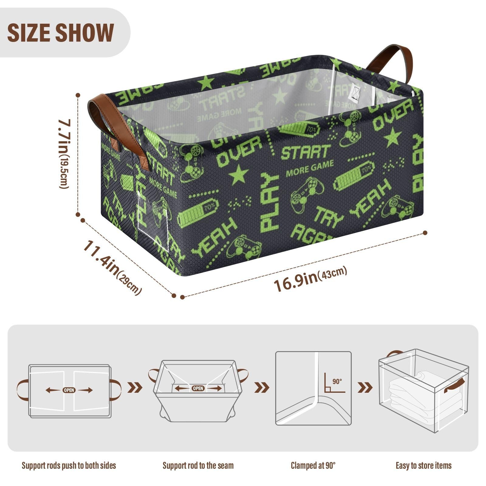 Fygkptb Seamless Abstract Pattern in Green Pixel Game Style on Dark 2 PC Rectangle Foldable Frame Basket Leather Handles Storage Bin for Laundry Bathroom Organizer 16.9 x 11.4 x 7.7 inch