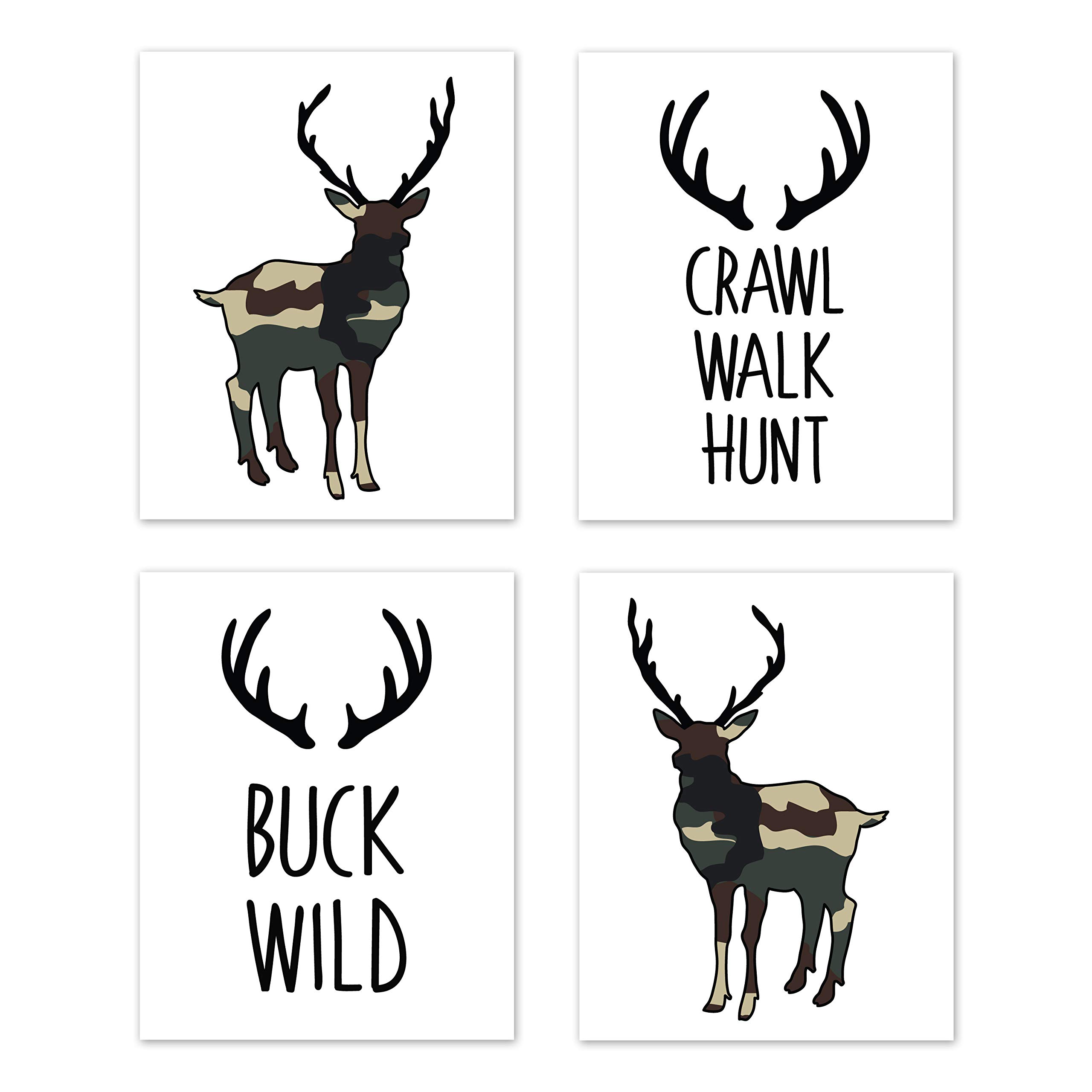 Sweet Jojo DesignsGreen and Beige Rustic Deer Wall Art Prints Room Decor for Baby, Nursery, and Kids for Woodland Camo Collection - Set of 4 - Crawl, Walk, Hunt, Buck Wild