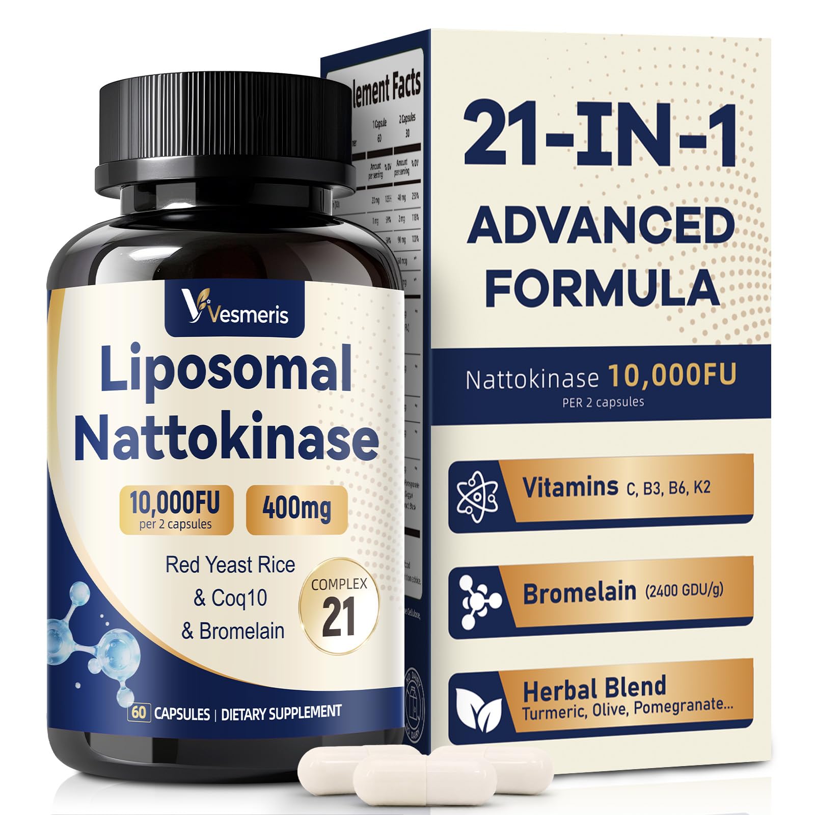 Nattokinase Supplement 10,000 FU Servings, 21-in-1 Liposomal Nattokinase with CoQ10, Bromelain, Red Yeast Rice & Vitamins C, B3, B6, K2 for Heart & Circulatory Health | Non-GMO & Vegan 60 Capsules