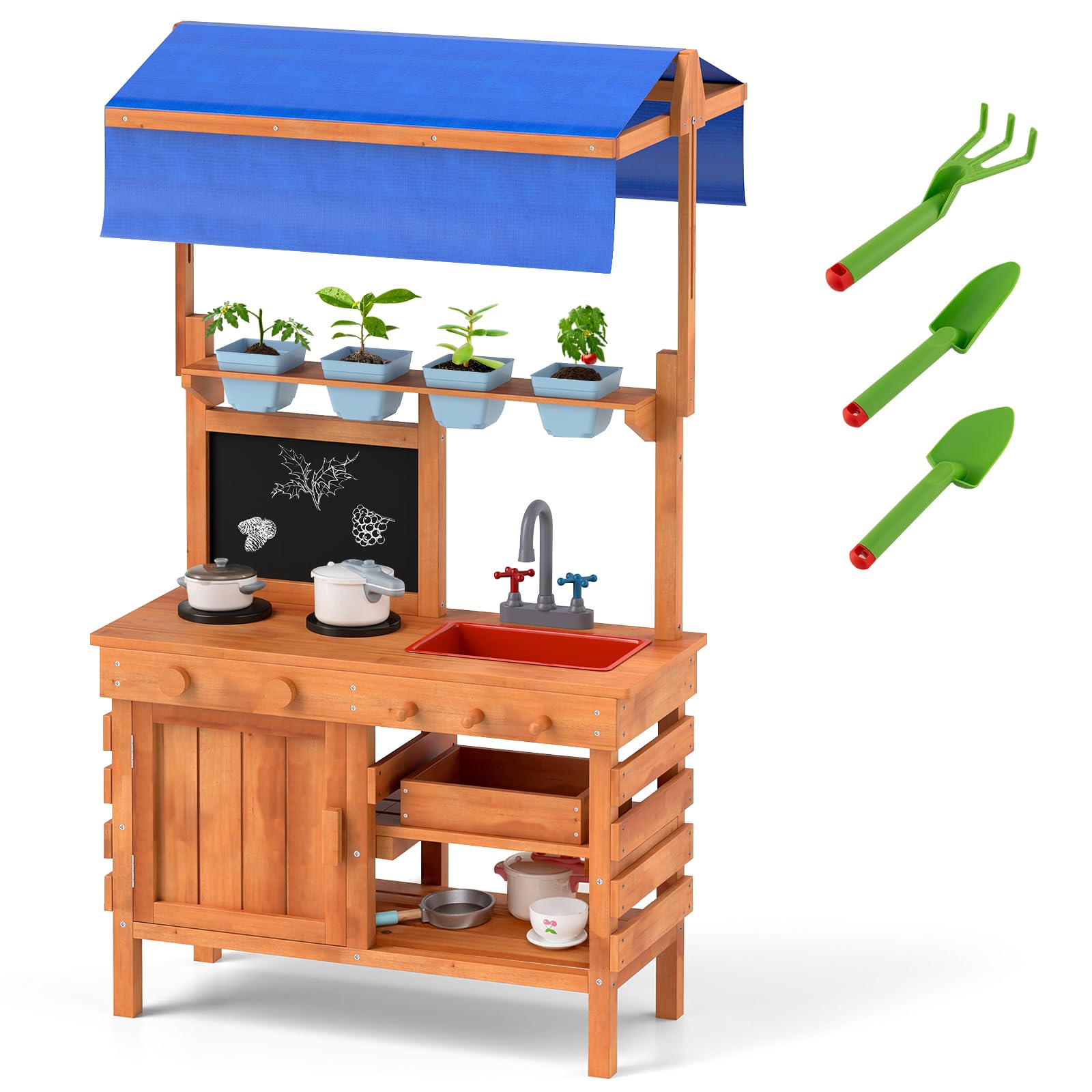 RELAX4LIFE Cucina Giocattolo per Bambini, Cucina da Esterno in Legno con Lavagna, Fornelli, 4 Vasi per Piante, Tenda Regolabile in Altezza, Gioco d'imitazione per Bambini 3+ Anni