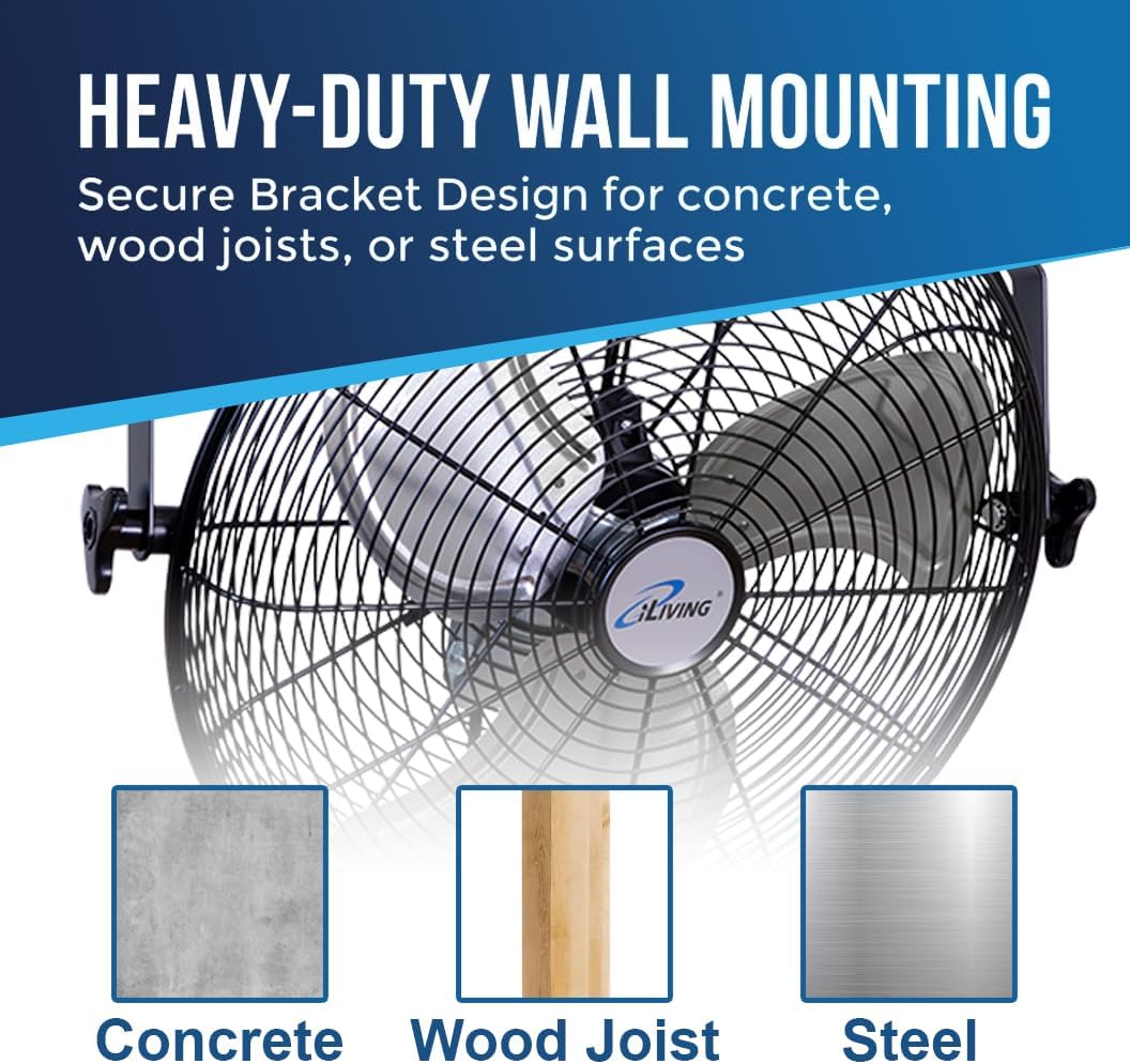 iLiving 20 Inch Wall Mount Fan, 4750 CFM High Velocity Metal Fan with 3 Speeds, Sealed Motor & 360° Tilt, Heavy Duty Wall/Ceiling Mount Fan for Garage, Warehouse, Barn, Greenhouse, Workshop