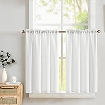 TOPICK Scheibengardinen Küche Weiß Bistrogardine mit Tunnelzug Modern Gardinen Kurz Blickdicht Leinenoptik Küchengardinen für Kleine Fenster Wohnmobil Küchenfenster 2er Set H75xB90 cm
