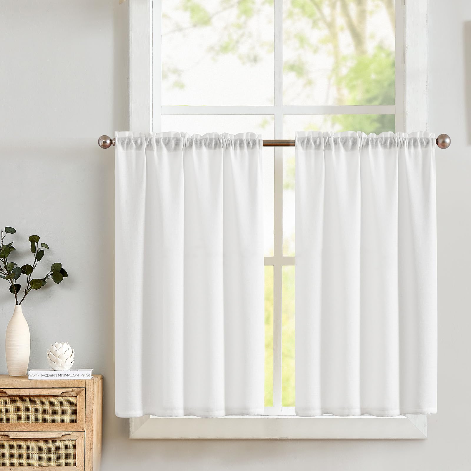 Rideau cuisine blanc 90x76cm court lot de 2 pièces à passe-tringle pour sous-évier