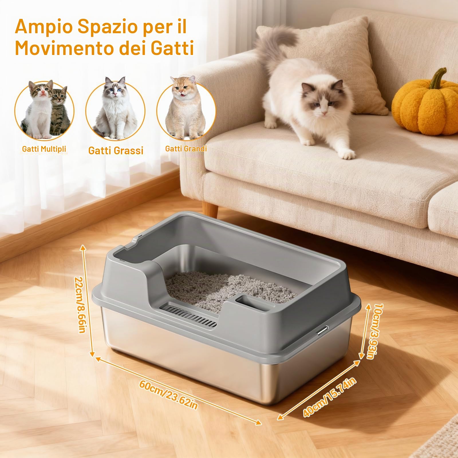 Garvee Lettiera Gatto Acciaio Inox XXL 60x40x22cm, Semichiusa con Bordi Alti per Gatti Grandi e Multipli, Antiaderente, Antiodore, Anti Perdite, con Paletta, Facile da Pulire, Grigio