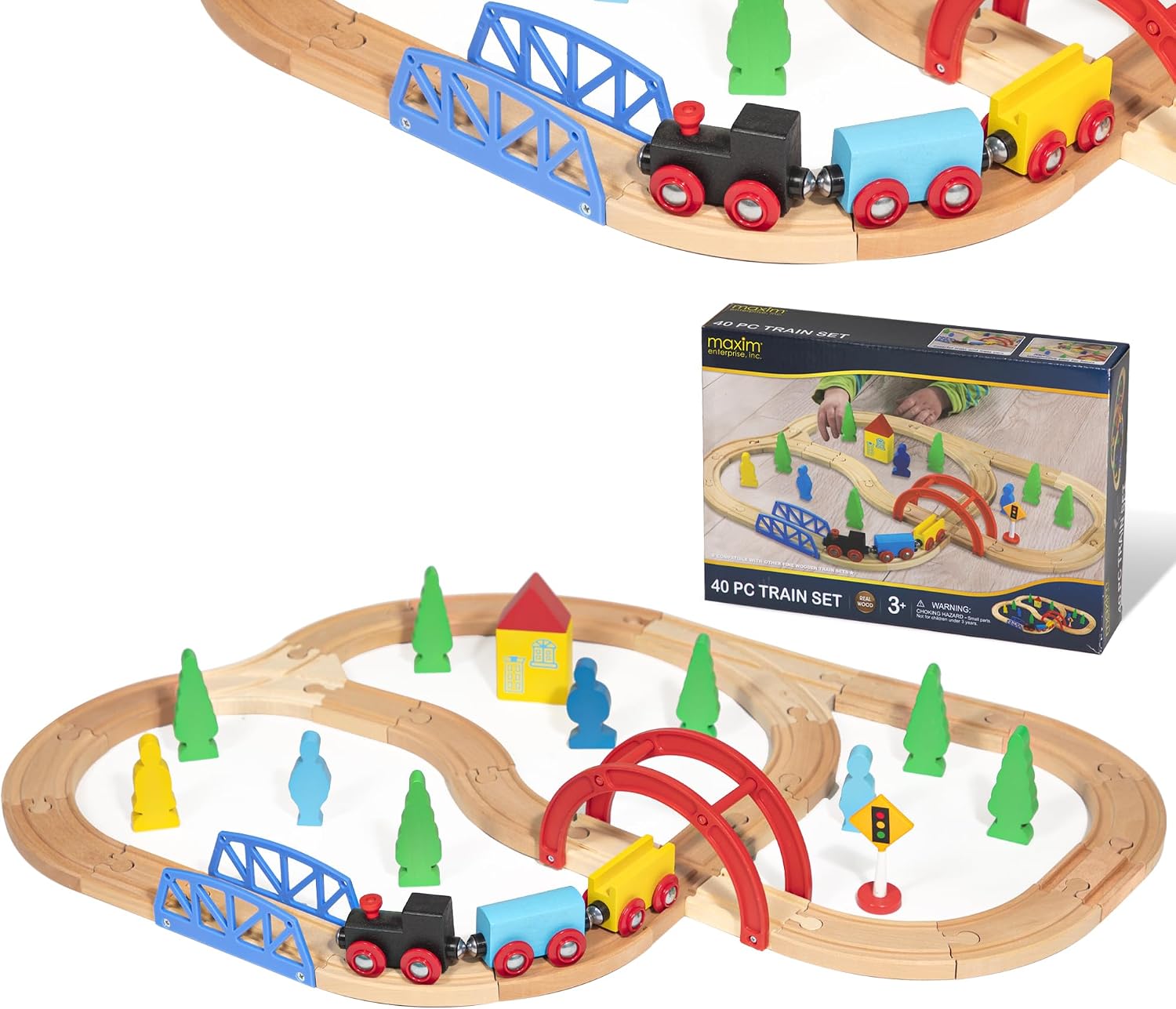 maxim enterprise, inc. 40 Pc Wooden Train Set, Complete Toy Railway with Straight and Curved Tracks, Wood Engine, Cars, Hauler, Signs, and More, Compatible with All Major Brand Accessories, Age 3+