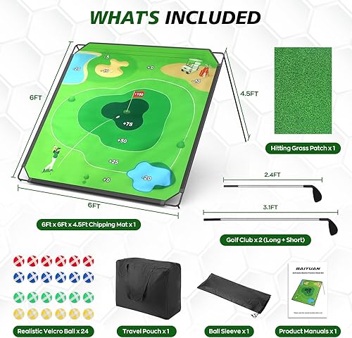 Miniatura 7 de Juego de astillado de golf portátil para papás y golfistas jóvenes, diversión en interiores, exteriores y césped con 24 bolas adhesivas, tapete de